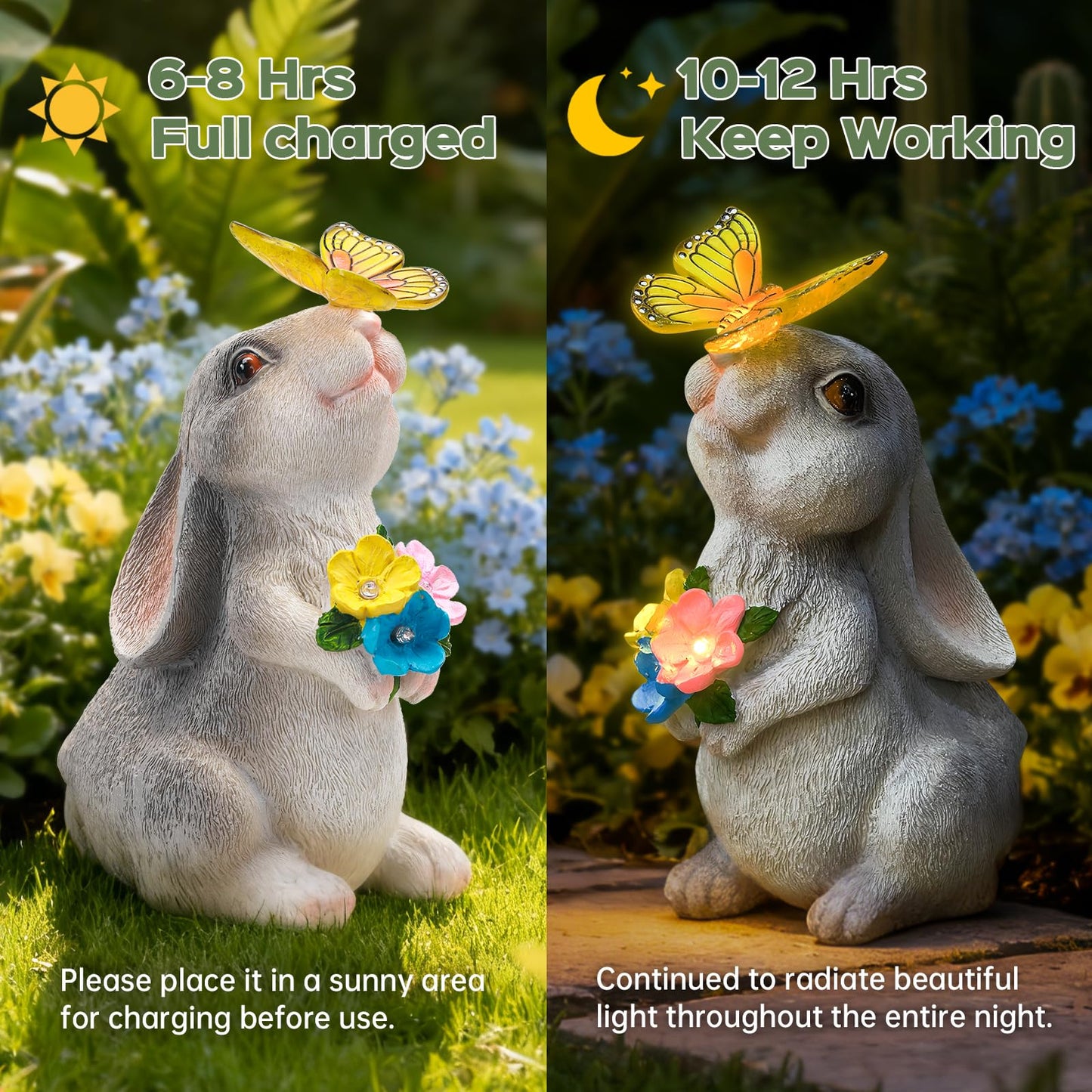 IDEA SHOW Solar Garden Statue Outdoor Decor, Rabbit Figurine with Butterfly LED Lights, Bunny Statue for Garden, Yard Decor, Lawn Ornament, Valentine's Day Birthday Gift for Women Mom Grandma