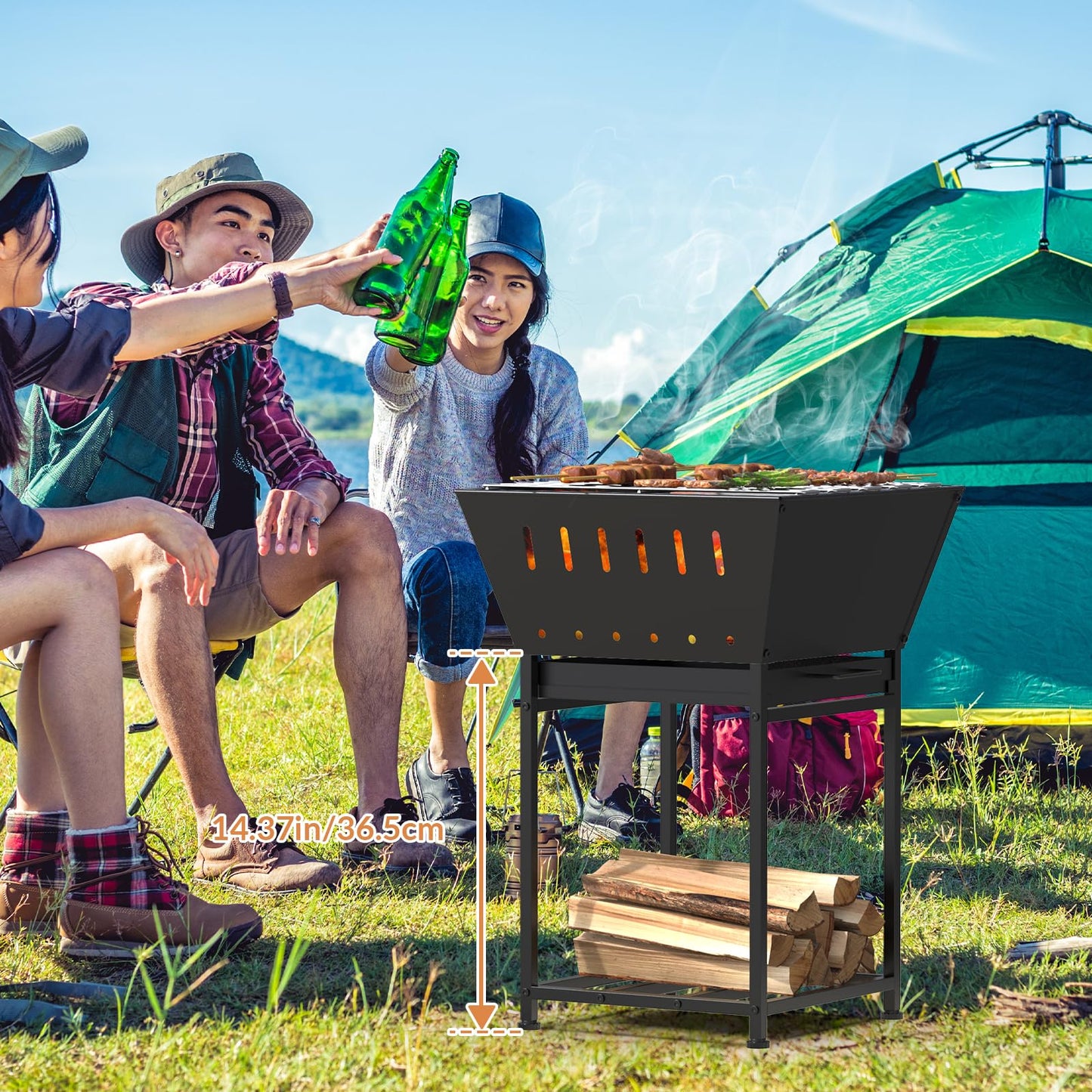 YBING Wood Burning Fire Pit for Outside - 24 Inch Outdoor Fire Pit with Grill, 2-in-1 Square Firepit with Ash Tray and Wood Storage for Camping, Backyard, Patio, Black