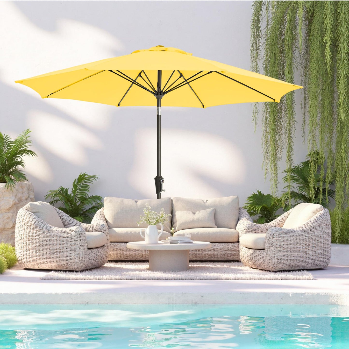 GREFORG 9FT Large Outdoor Patio Umbrella Pool Market Umbrella-UV Resistant, Easy Push Button Tilt and Crank, 8 Sturdy Ribs Heavy-Duty Table Umbrella for Deck, Backyard, Garden(Yellow)