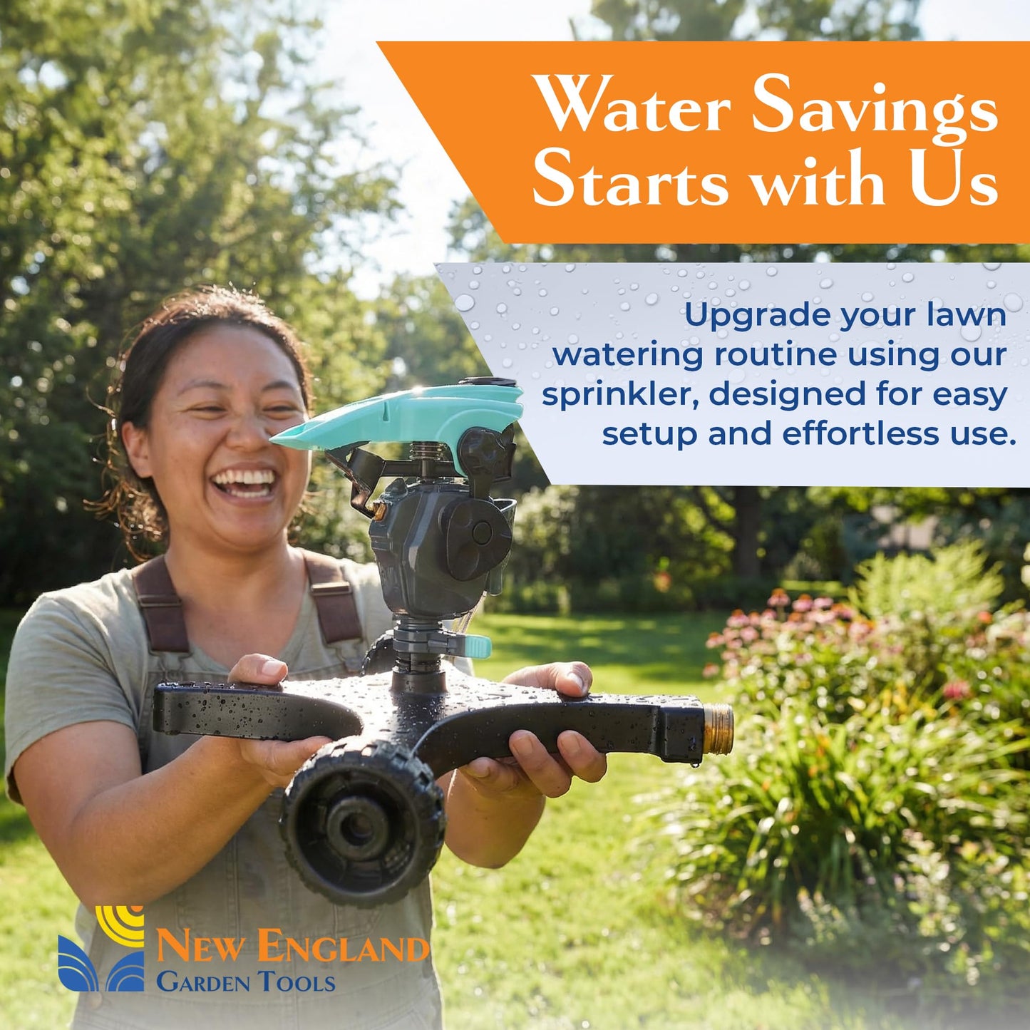 All-new Pulsating Lawn Sprinkler 300011, Impact Sprinkler w/ 70 ft Reach, 360° Range Gear & Pulsating Mechanism, 3,900 sq ft Lawn & Garden Watering, Metal Base w/Wheels, by New England Garden Tools