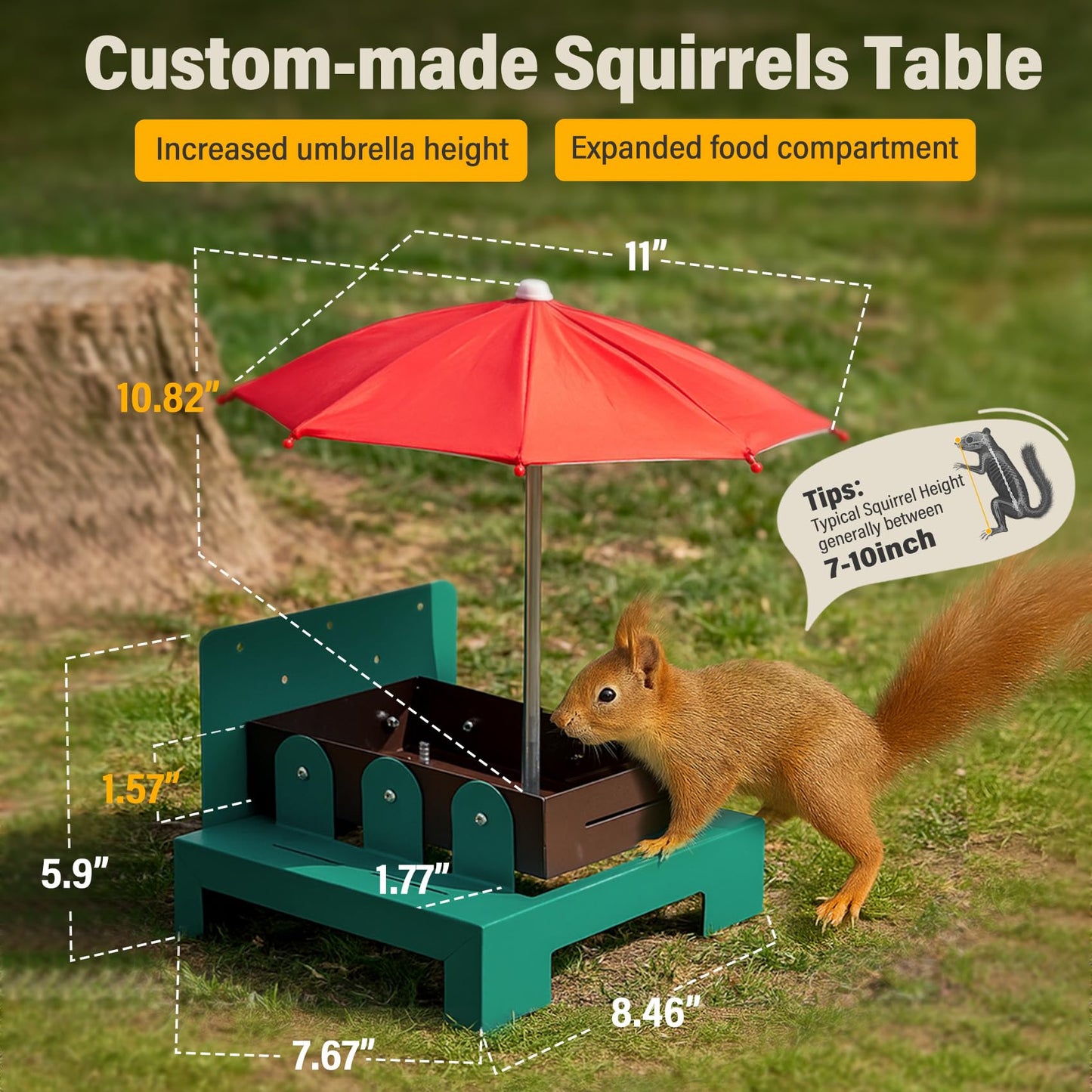 Ewenono Squirrel Picnic Table Feeder with Umbrella – Metal Squirrel Feeder for Outdoors, Large Food Tray & Corn Cob Holder, Funny Picnic Table for Wildlife, Tree-Mount Squirrel Table Feeding Station
