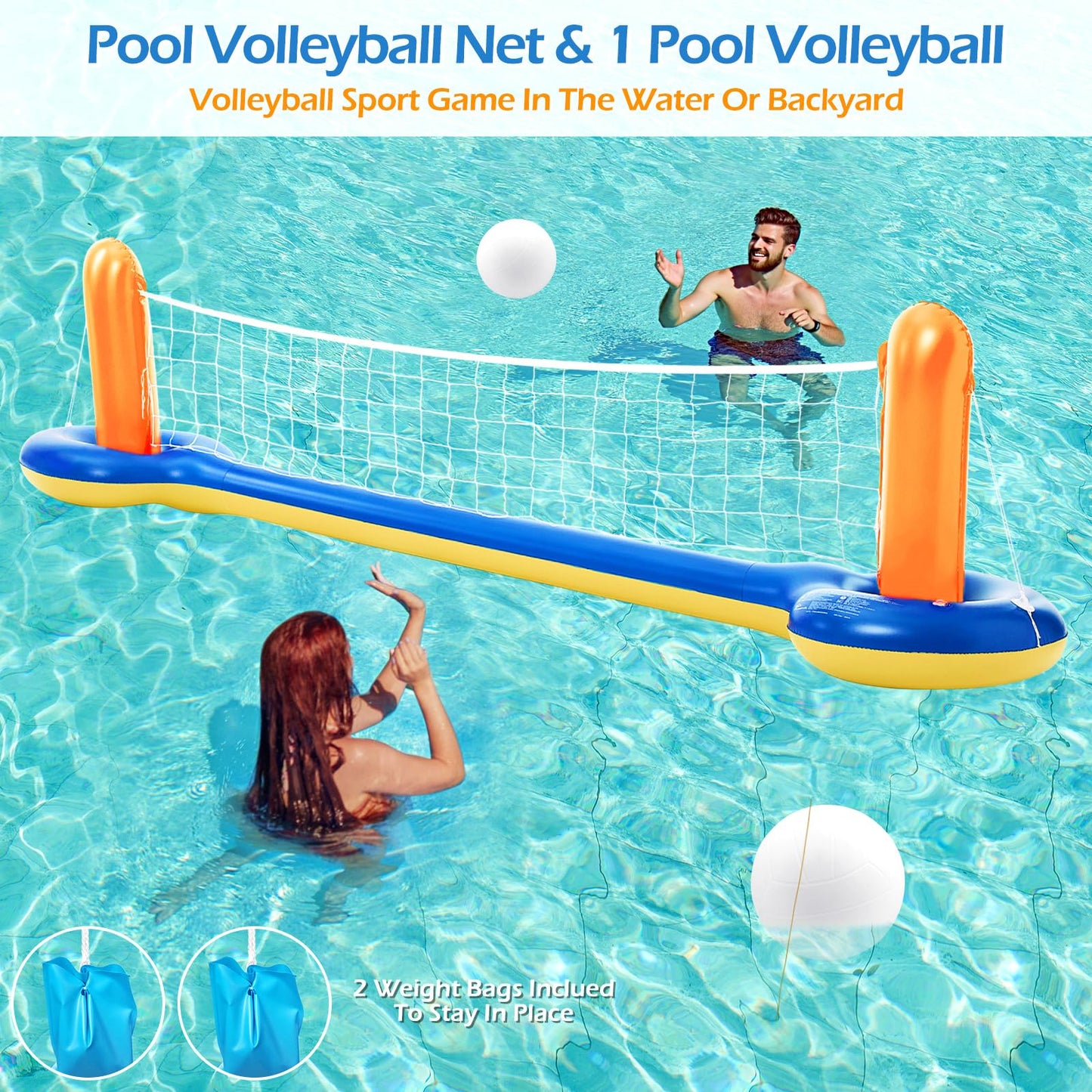 Jasonwell Pool Toys Games Set - 3 in 1 Pool Volleyball Net Basketball Hoop Ring Toss Game Inflatable Floats Water Floating Volleyball Swimming Pools Games Party Gift for Kids Adults (Orange&Blue, XL)