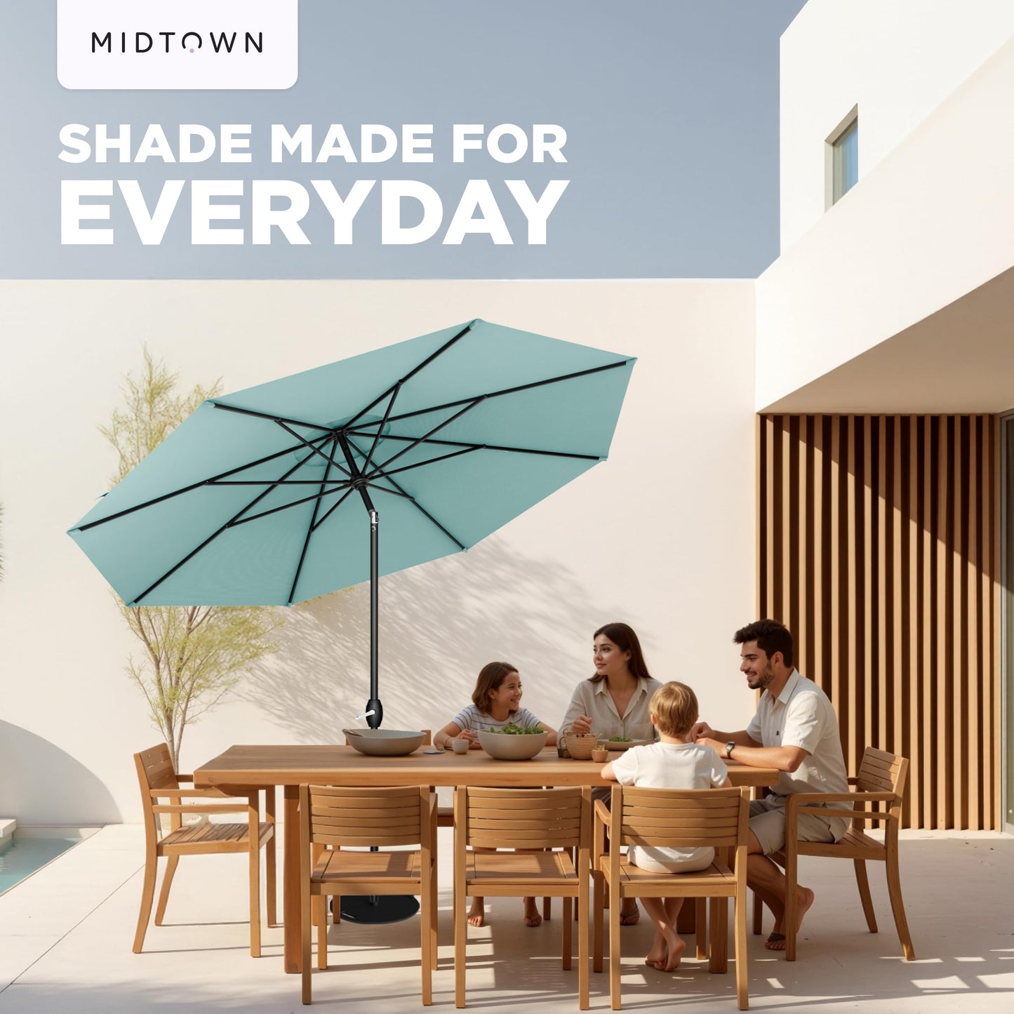 Midtown Umbrellas - 10-Year-No-Fade 9 Ft Patio Umbrella with Terylast Fabric, Auto-Tilt Aluminum Frame and 8 Reinforced Ribs for Deck, Pool, Garden & Beach - Aqua Canopy, Black Pole