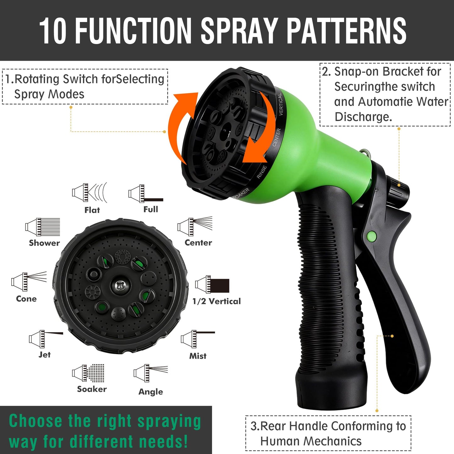 100FT Non-Expandable Garden Hose, Lightweight Flat Water Hose with 10-Function Spray Nozzle, 3/4" Metal Fittings, Kink-Resistant & Easy to Store for Garden, Yard, Car Wash (Black)