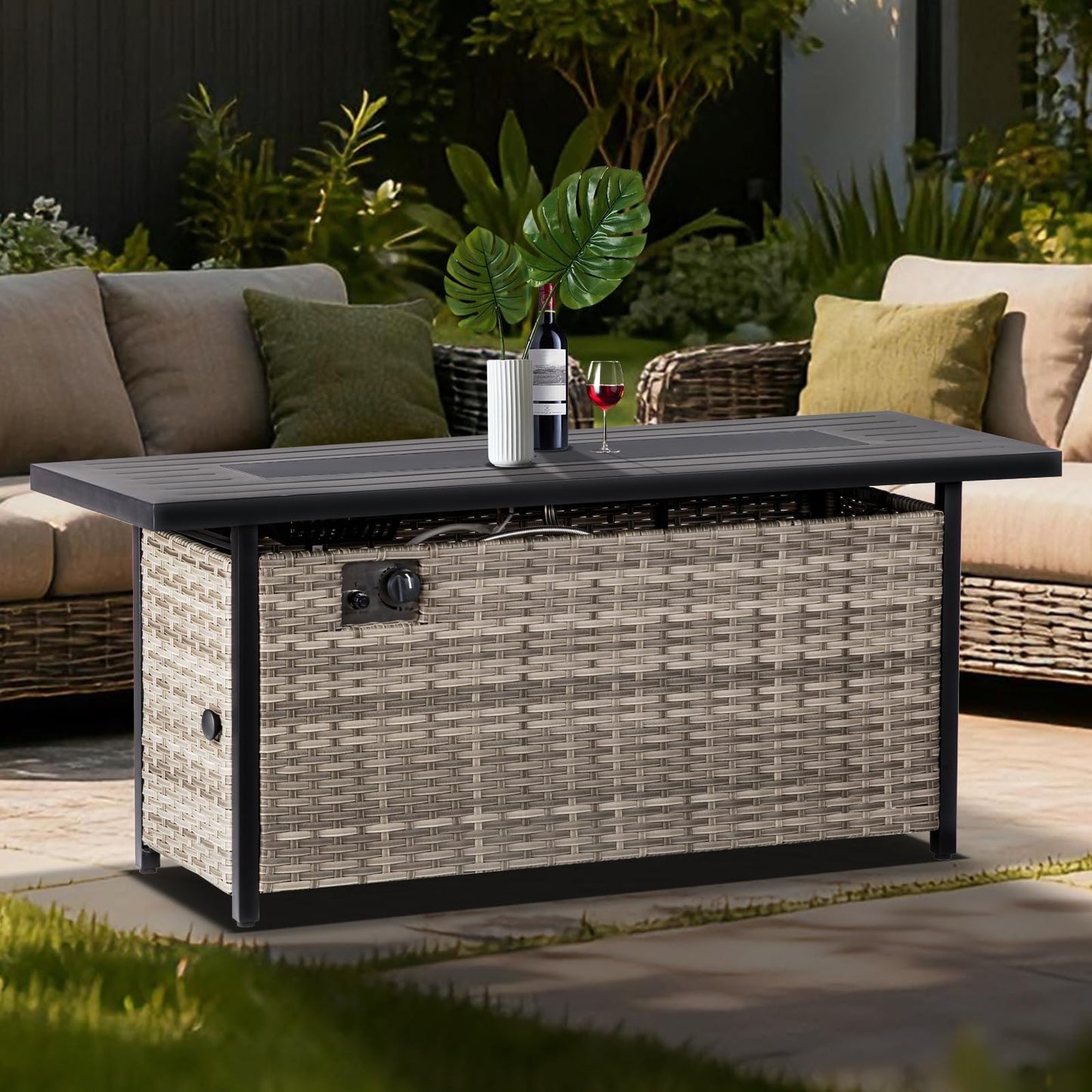 EcoNook 57 inch Propane fire Pit Table with Waterproof Cover & Ratten Side Panel, 50000 BTU Gas Firepit Table with Lid & Lava Rock, Outdoor Fire Pit for Dining or Party, Firepit for Outside, Patio