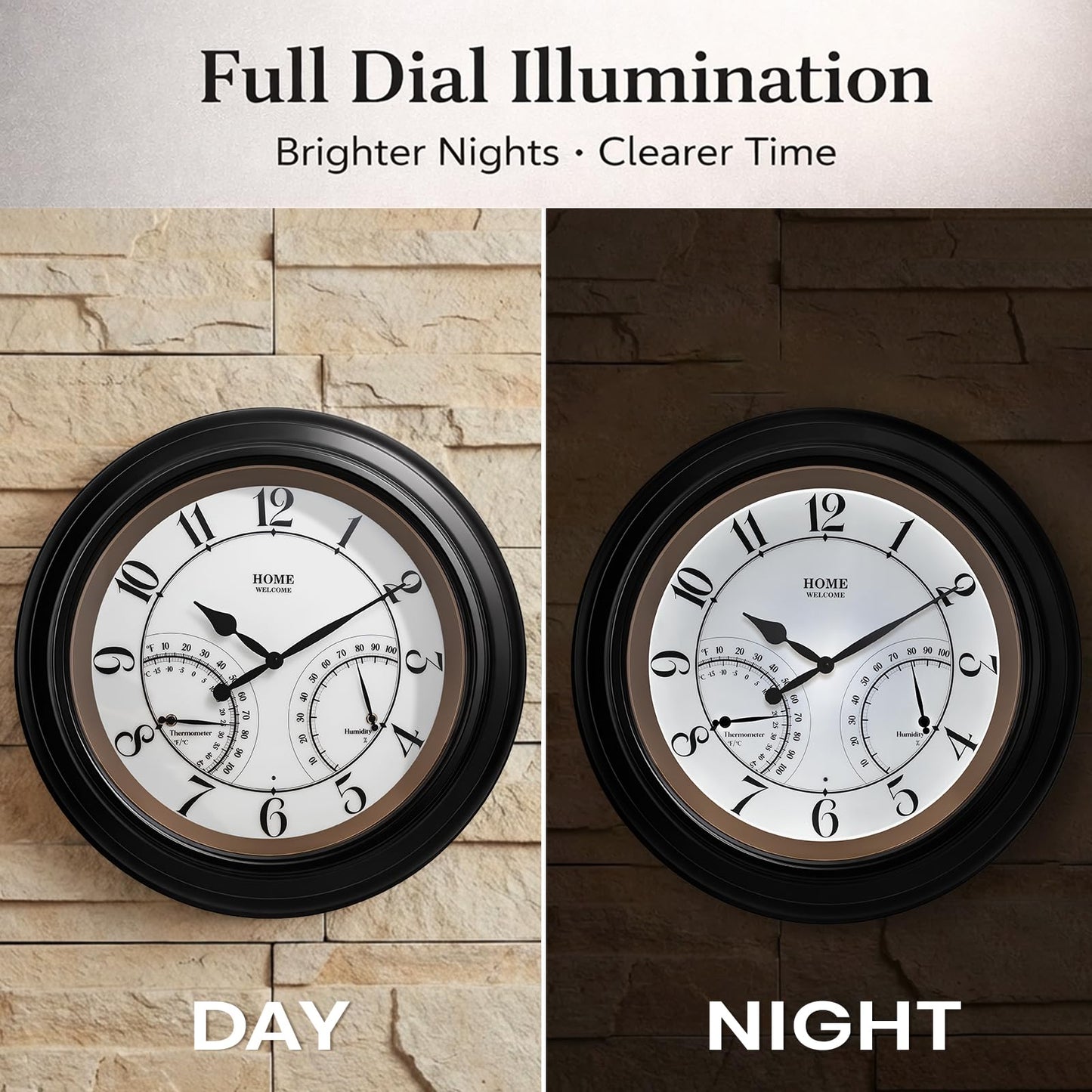Pytha Sight 24 Inch Outdoor Clocks Waterproof, Large Easy-to-Read Illuminated Outdoor Wall Clock with Smart Light Sensor, Silent Large Outdoor Clock for Patio, Pool,Porch,Garden,Backyard