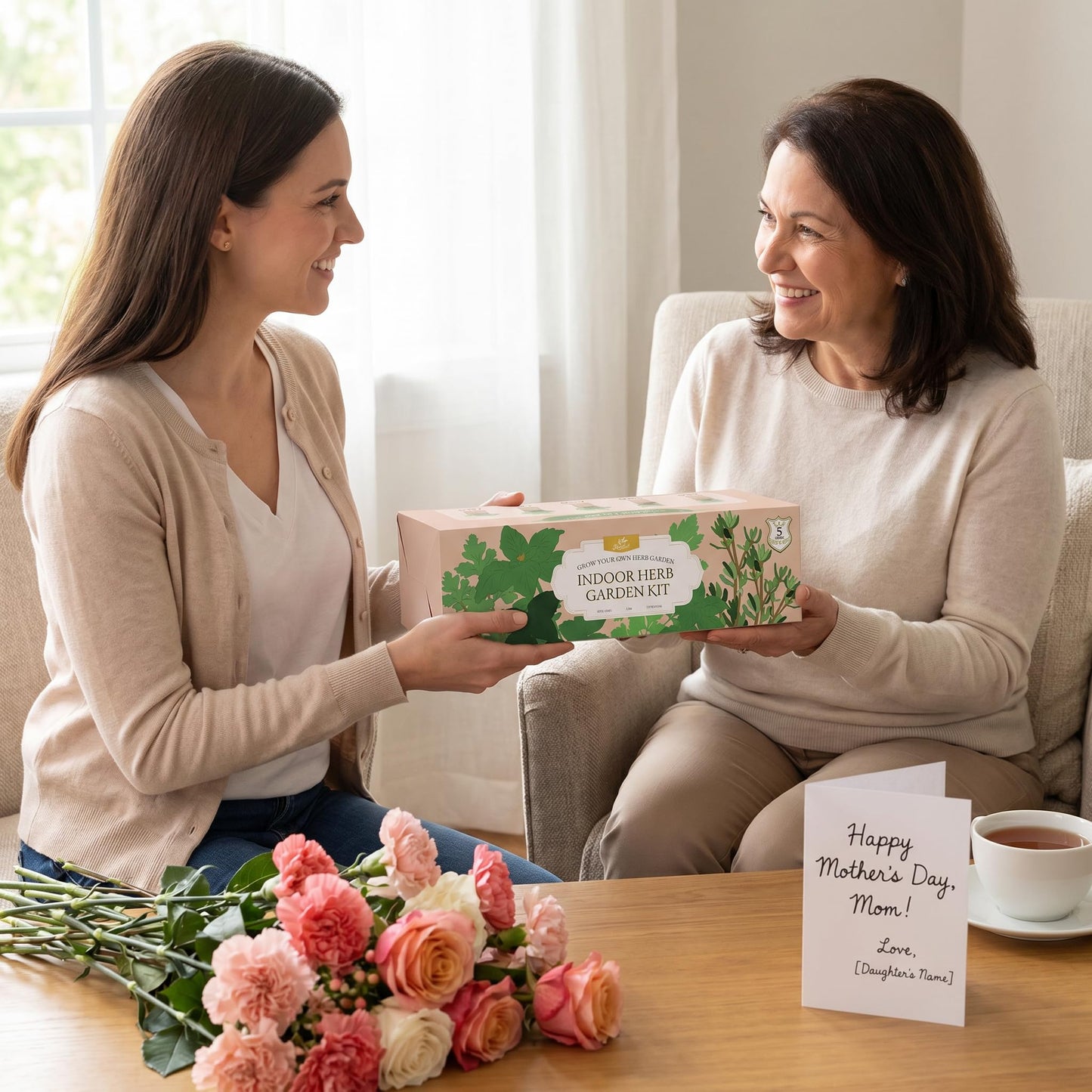 Herblink Indoor Herb Garden Starter Kit, 5 Herb Garden Planter Indoor Kit with Wooden Box Including Genovese Basil, Thyme, Parsley, Mint, Complete Windowsill Growing Gifts Set, Gifts for Mom, Women