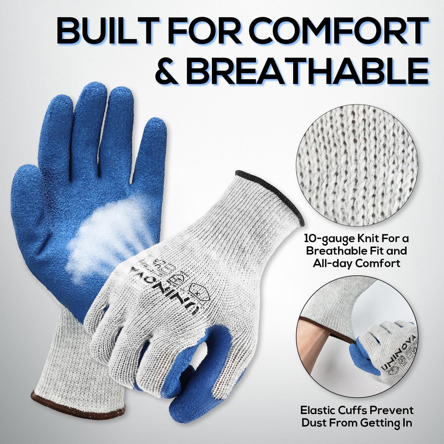 UNINOVA Work Gloves, Crinkle Rubber Latex Palm Coating, Safety Work Gloves with Grip, Non-slip Bulk for Men Women, Construction Warehouse General Handling(Small,12Pairs)