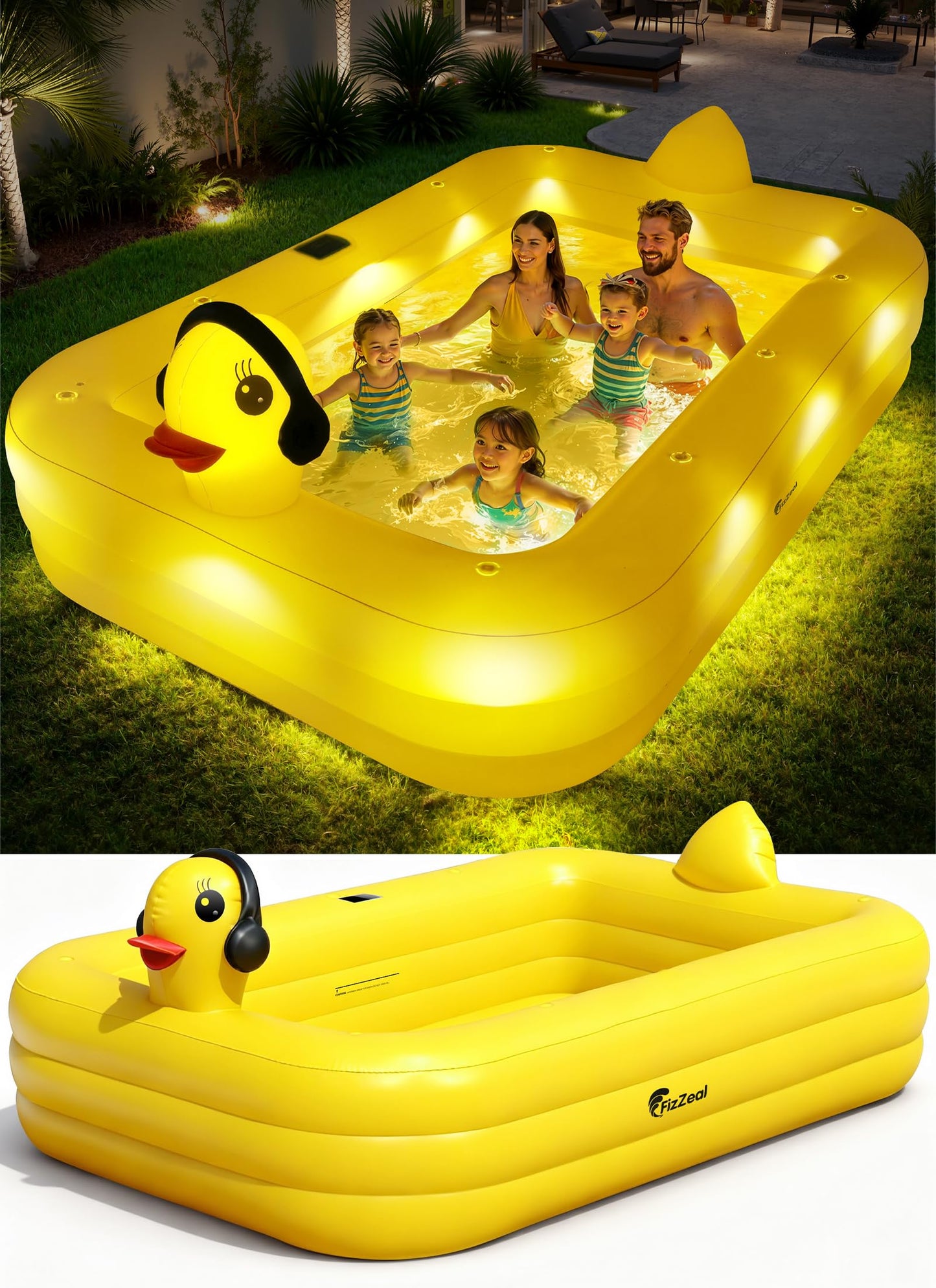 FizZeal Inflatable Pool with Lights,Solar Duck Inflatable Swimming Pool for Kid,Blow Up Pool for Adults,Large Inflatable Kiddie Pool,Durable Thickened Family Inflatable Kid Pool for Backyard 100*63*22