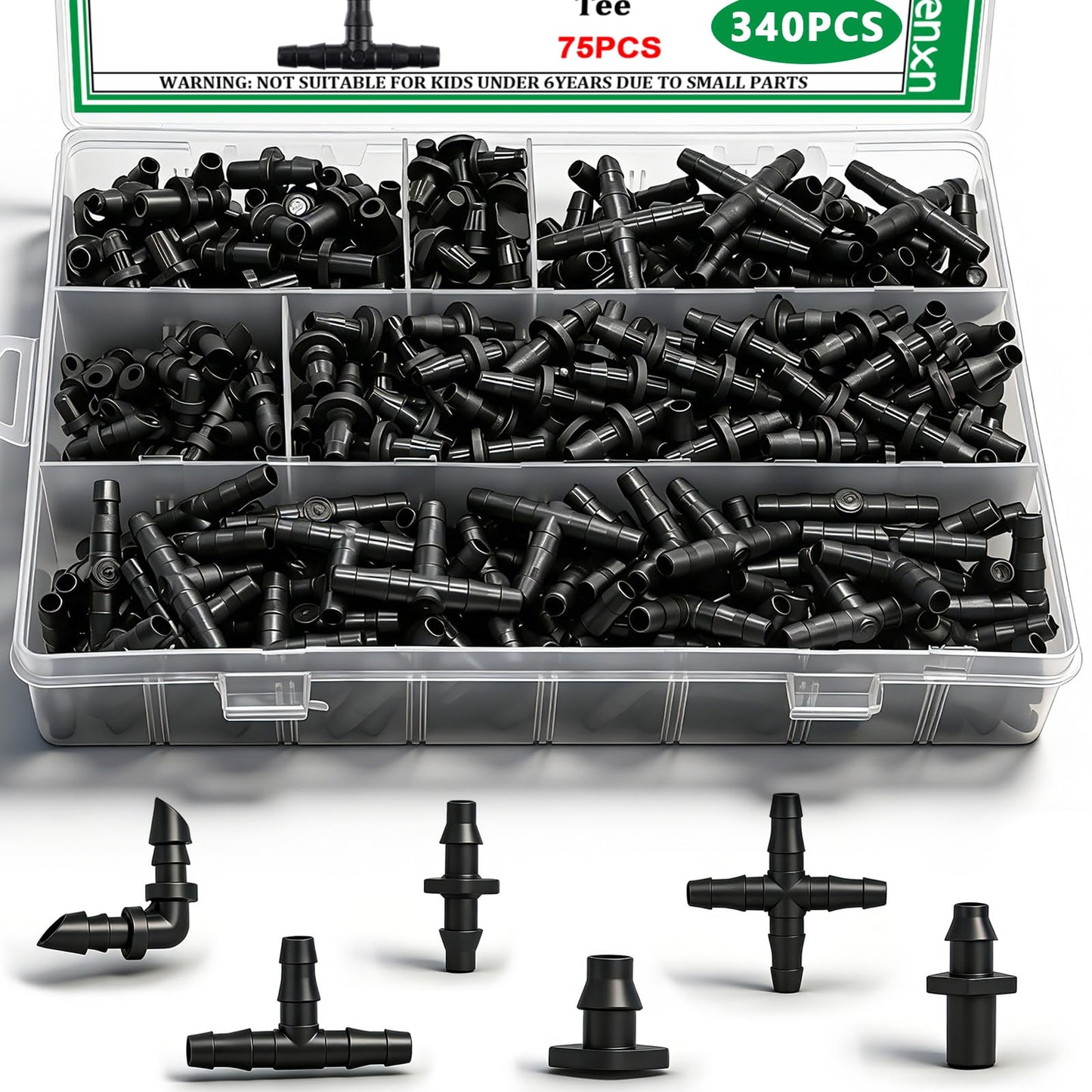 Aienxn 340PCS 1/4" Drip Irrigation Kit Barbed Connectors, Straight Barb, Tee, Single Barb, End Plug, Elbow, 4 Way Coupling Irrigation Fittings for Garden Lawn Flower Pot