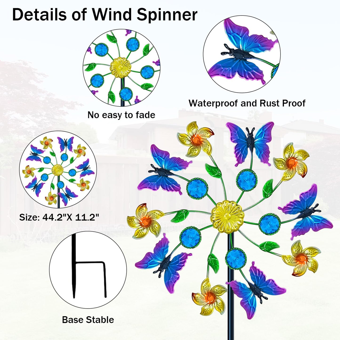 Yourongmao 44" Butterfly Garden Wind Spinners - Metal Outdoor Stake Spinner Windmills, Wind Sculpture Yard Art Decorations for Patio & Lawn