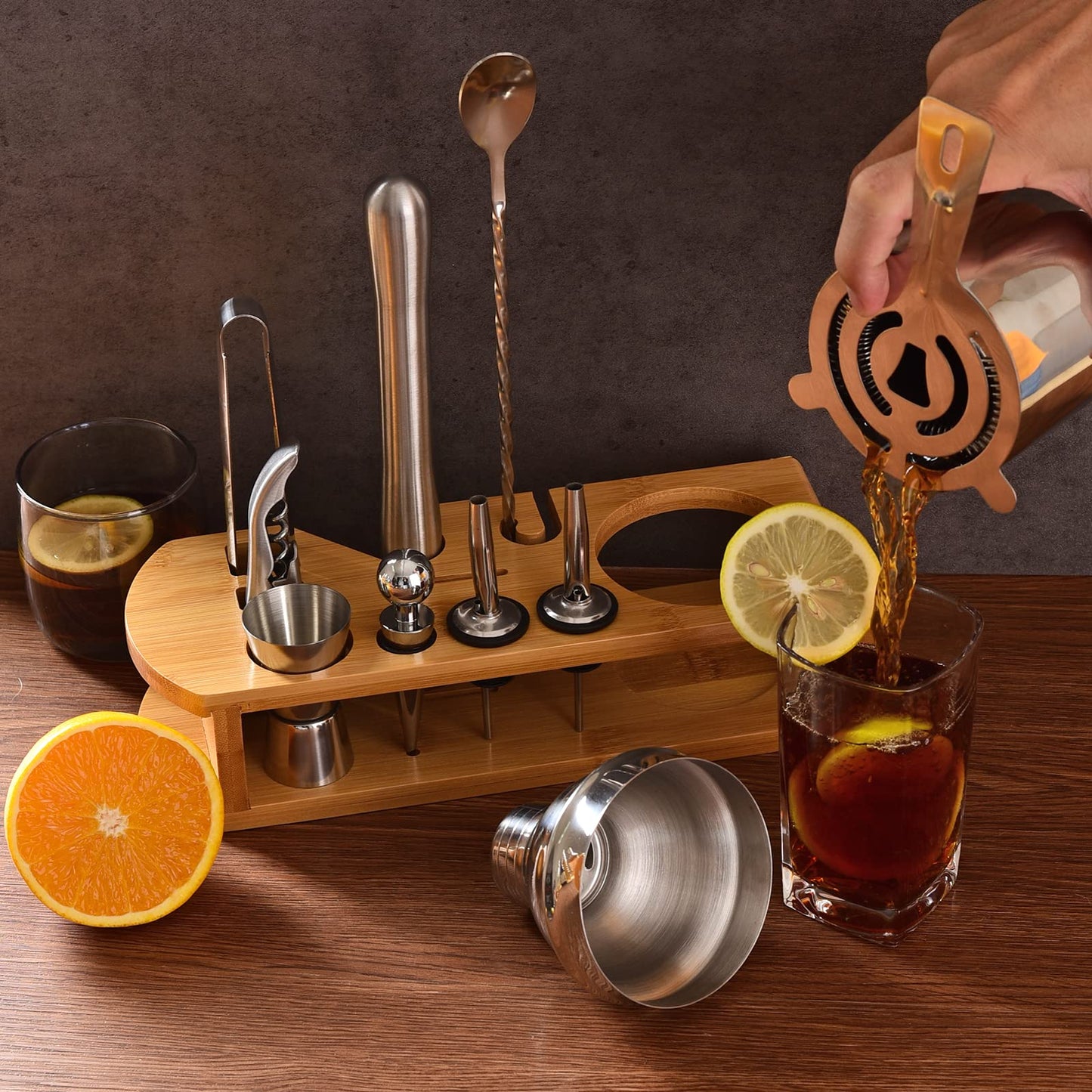 Cocktail Shaker Set Bartender Kit : 12-Piece Bar Tool Set with Bamboo Stand | Bars Set with All Practical Bar Accessories, for Drink Mixing, Bar, Home, Lounge & Party (Silver)