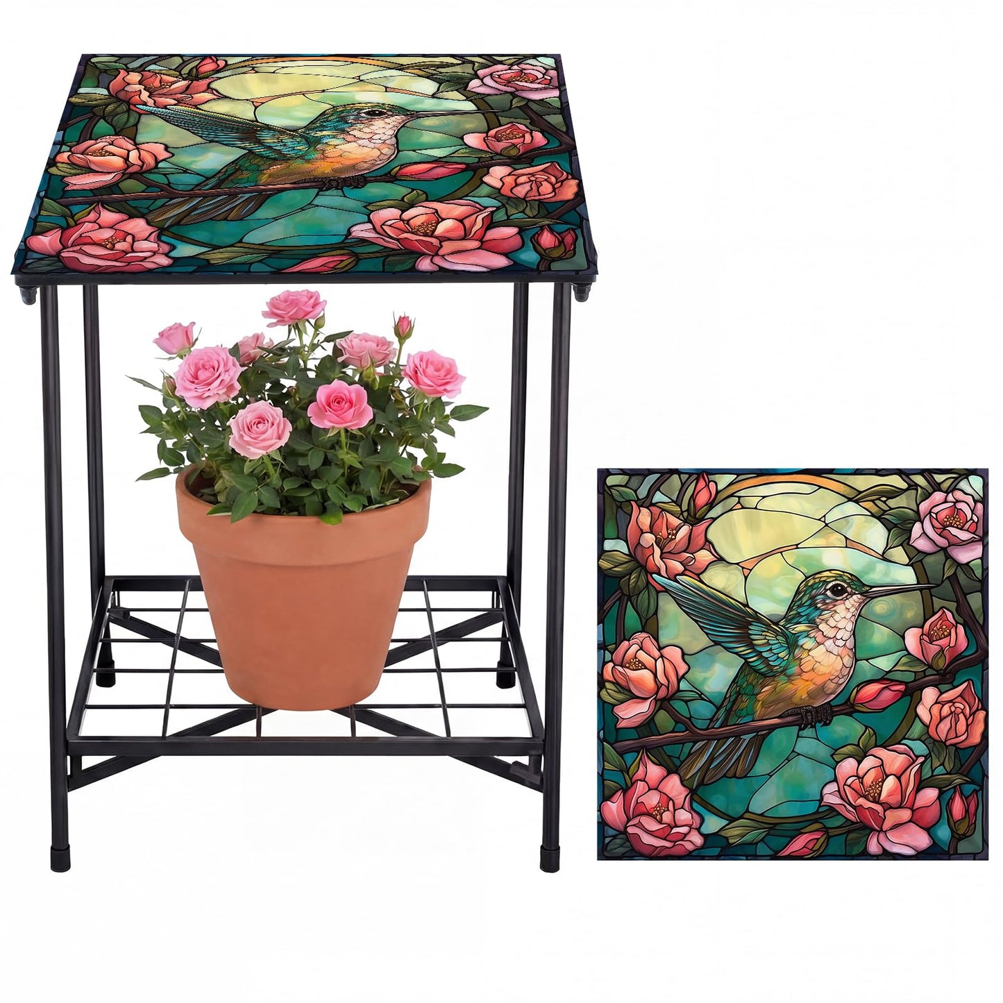 Cinnvoice Outdoor Side Table 2-Tier Storage Square Small Mosaic Patio Accent Indoor End Plant Coffee Tea Table for Yard Patio Porch Garden Living Room, Bedroom(Hummingbird Style)