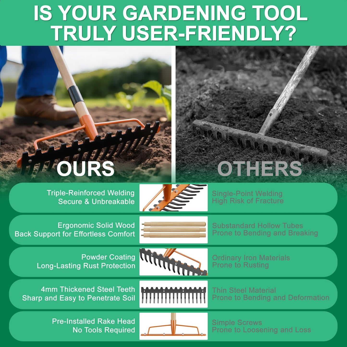 17 Tines Wide Head Bow Rake for Soil Leveling, Garden Rake Heavy Duty with 55” Adjustable Wooden Handle, Heavy Duty Metal Rake for Lawns, Gardening, Loosening Soil, Gathering Leaves, Landscaping