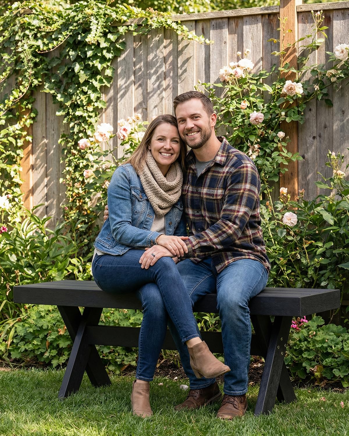 Kibaso HIPS Outdoor Bench, X-Shaped Modern Backless Garden Bench for 2 Person, All Weather Patio Bench with Wood Grain Texture, Easy Assembly for Garden, Porch, Backyard & Park-Wood-Grain Black