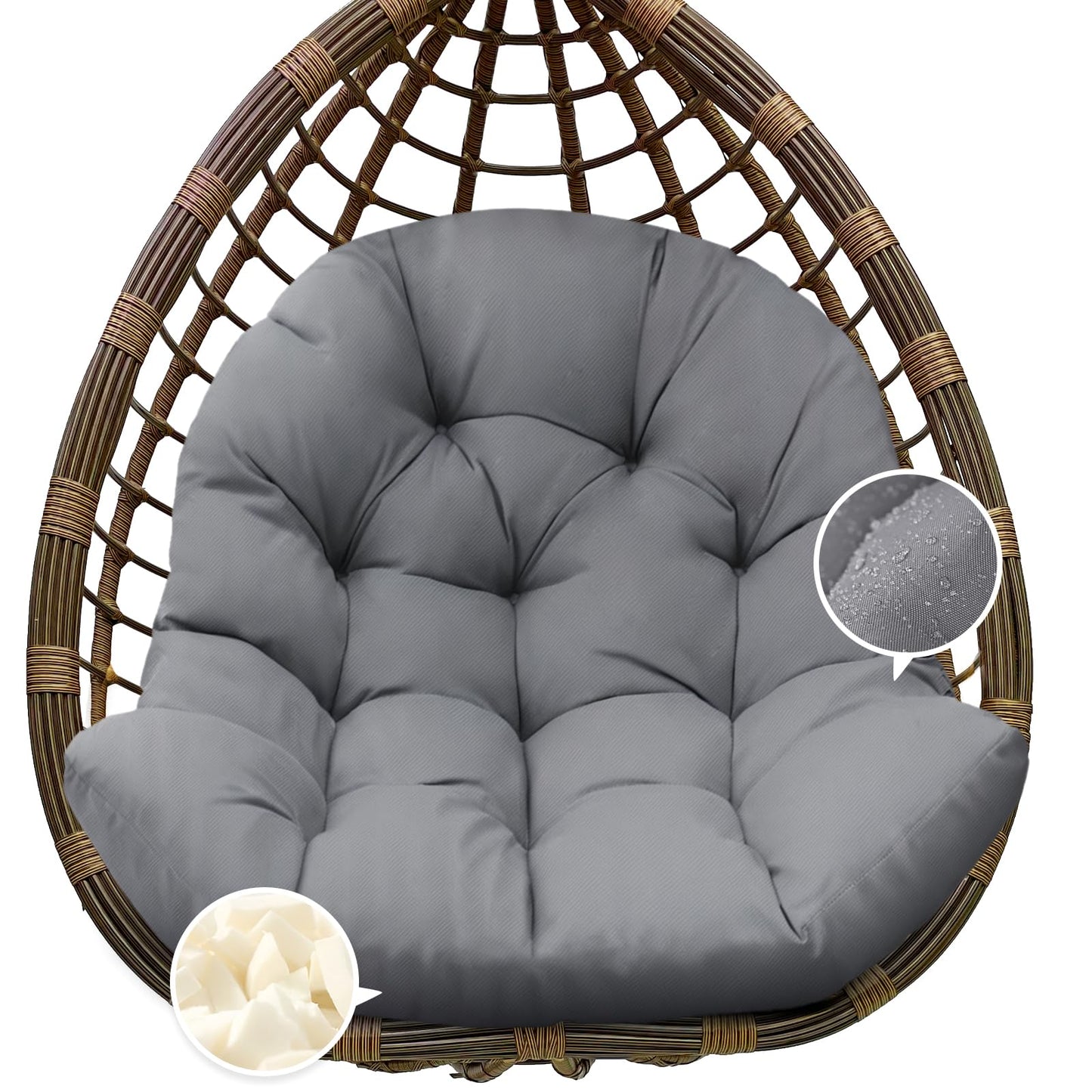 Tycdiose Egg Chair Cushion Replacement, Waterproof Outdoor Hanging Egg Swing Chair Cushions Pads, U-Shaped Thickened Cushions for Hanging Eggs Chair with Ties, 47x33x7 Inches (Grey)