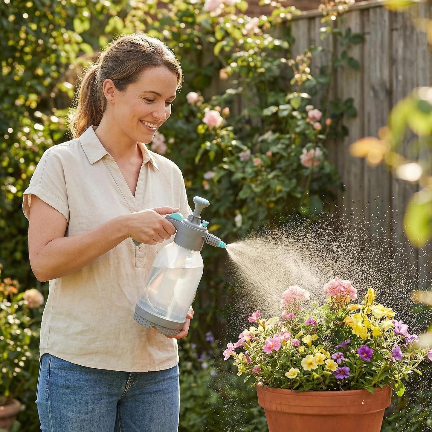 70oz/0.5 Gallon Hand Pump Sprayer,Clear Water Spray Bottle with Measuring Cup and Side Filling Port,Adjustable Nozzles,Portable Pressure Spray Bottle for Spraying Plants,Flowers,Weeds and Cleaning