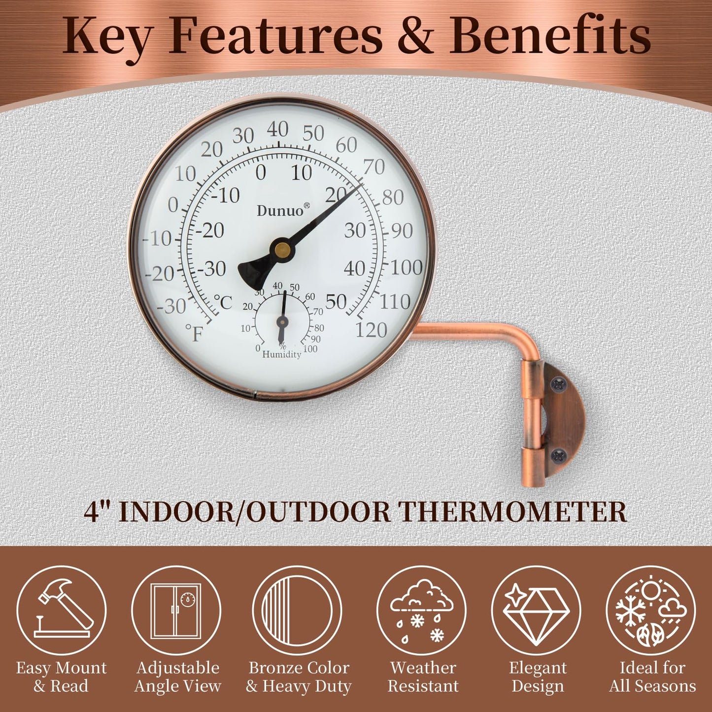 Dunuo 4" Brass Outdoor Thermometer with Humidity, Analog Wall Mount Temperature Gauge, Decorative for Patio, Garage, House, Greenhouse, Window, Antique Bronze, No Battery