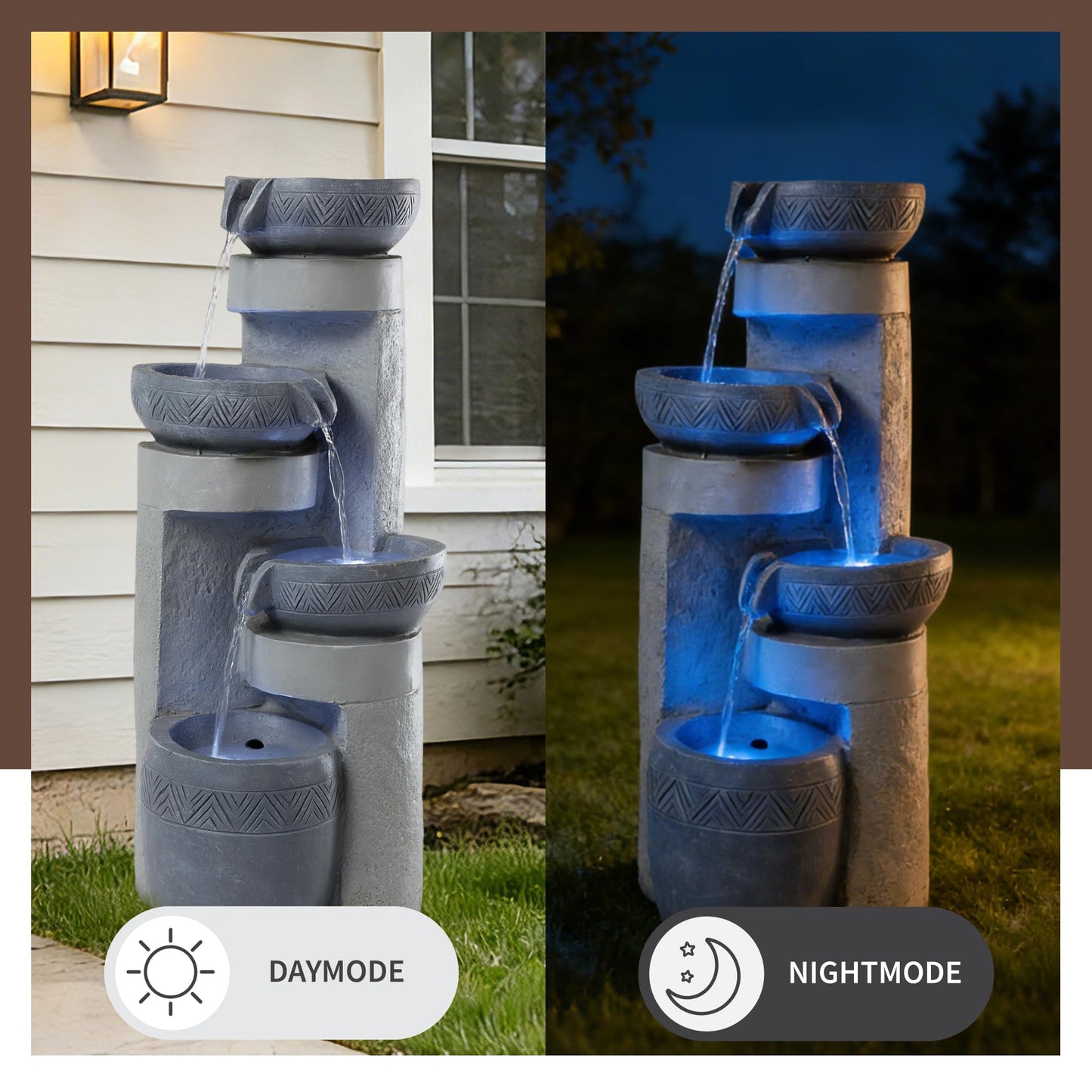 32" Outdoor Water Fountain with Led Lights, 4-Tier Modern Pottery Water Fountain, Outdoor Garden Waterfall Decor for Garden, Patio, Courtyard
