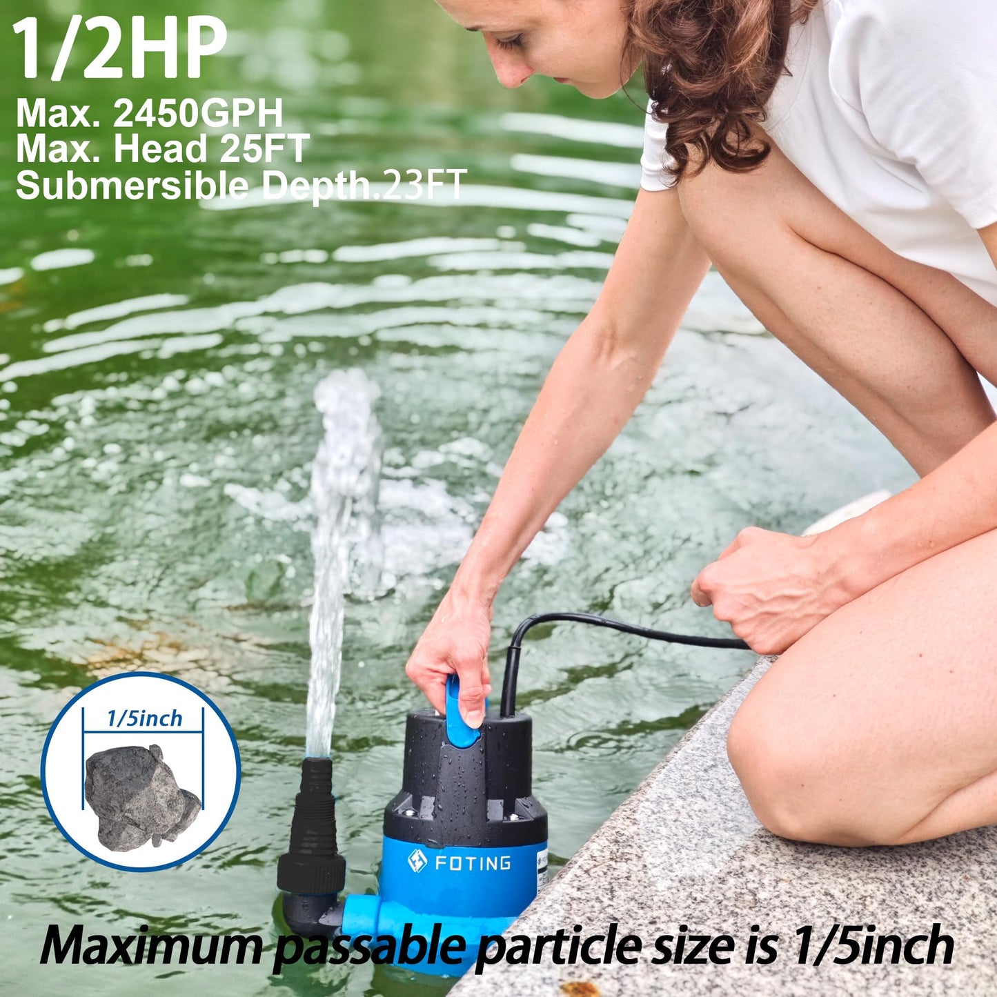 FOTING 1/2HP Submersible Water Pump with Stainless Steel Base - Removes Water to 0.04" Depth, 2450GPH Portable Sump Pump for Puddles, Pools, Boats, Gardens & Ponds - 10Ft Cord Included