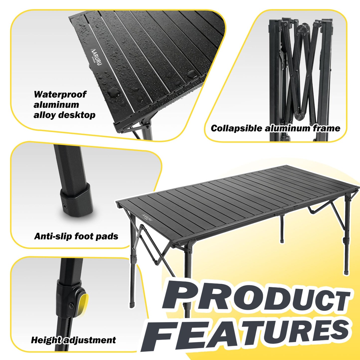 ARURU 50" Large Folding Camping Table with Adjustable Hight Legs for 2-6 People - Heavy Duty Foldable Camp Table with Roll-Up Aluminum Picnic Table, Portable Outdoor Table for Cooking,Beach,BBQ,Party
