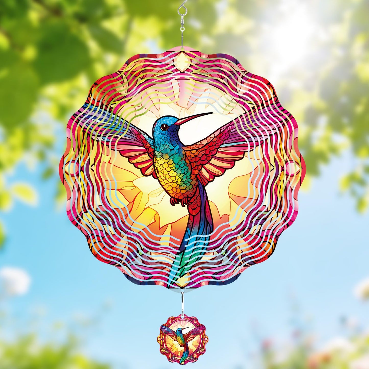 Riletese Hummingbird Wind Spinner Outdoor - 12 Inch Floral Hummingbird Hanging Decor, 3D Kinetic Iron Metal Bird Wind Spinner Gift for Women Mom Wife, Hanging Yard Art for Garden Patio Balcony