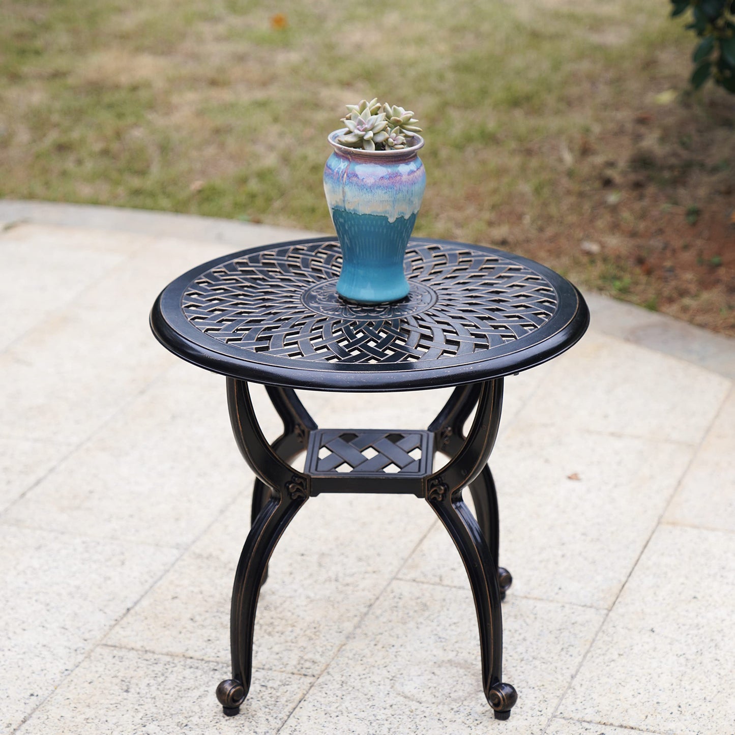 Mandolin Outdoor Patio,Rust -Resistant Cast Aluminum Side Table,Weather Resistant End Table，Coffee Table， Perfect for Patio, Backyard Or Garden. (Aluminum Round, Copper)