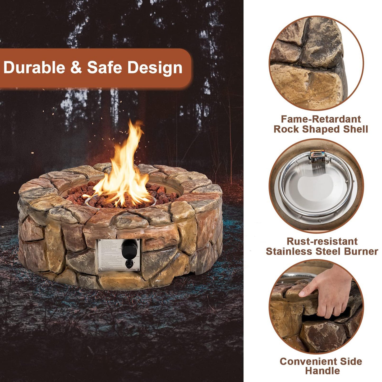 DORTALA Round Propane Outdoor Fire Pit, 28 Inch 40,000 BTU Stone Propane Fire Pit w/Lava Rocks, PVC Cover, ETL Certified, Smokeless Gas Fire Pits for Outside Patio Garden Camping Backyard (Brown)