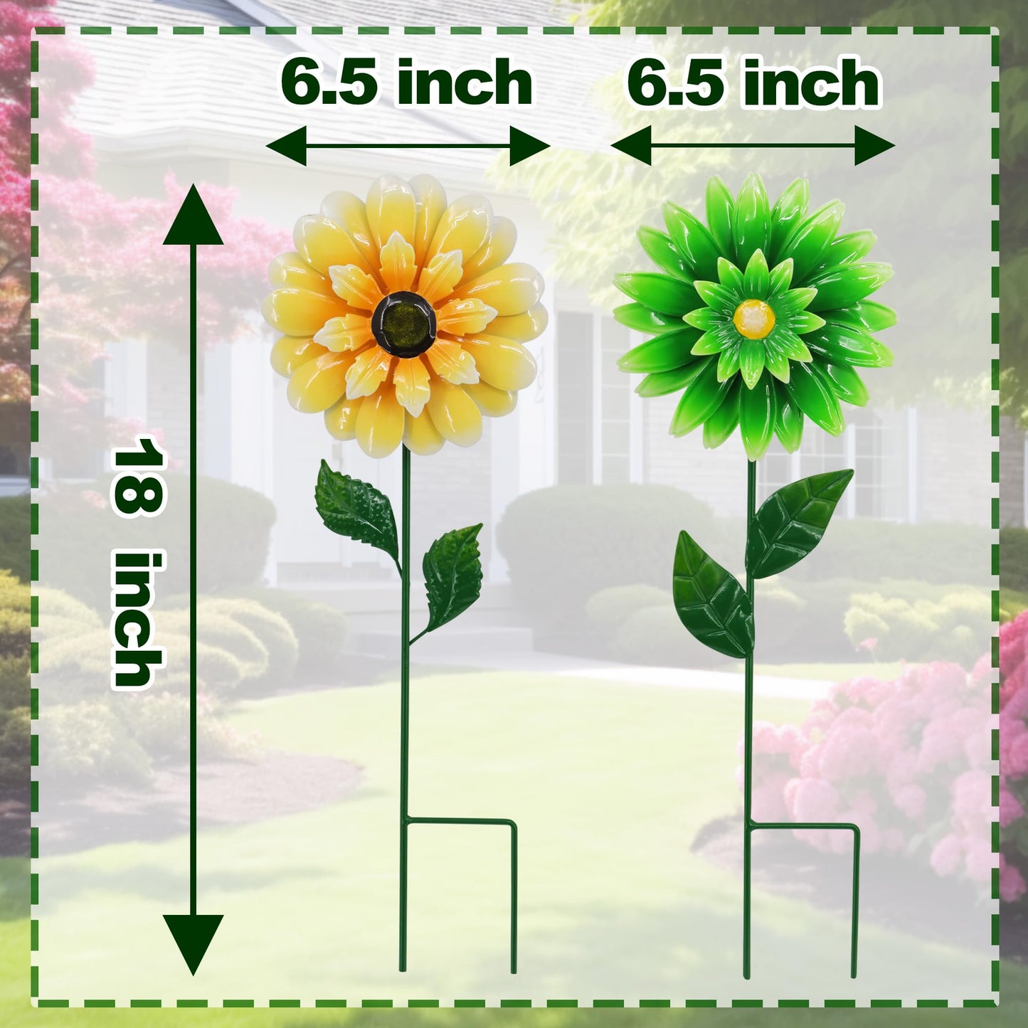 Metal Retro Flower Wind Spinner Art, Guangxie Yard Decorations Outdoor - 2 Pack for Outdoor, Patio, Backyard and Flower Bed Spring Decor (Yellow & Green)