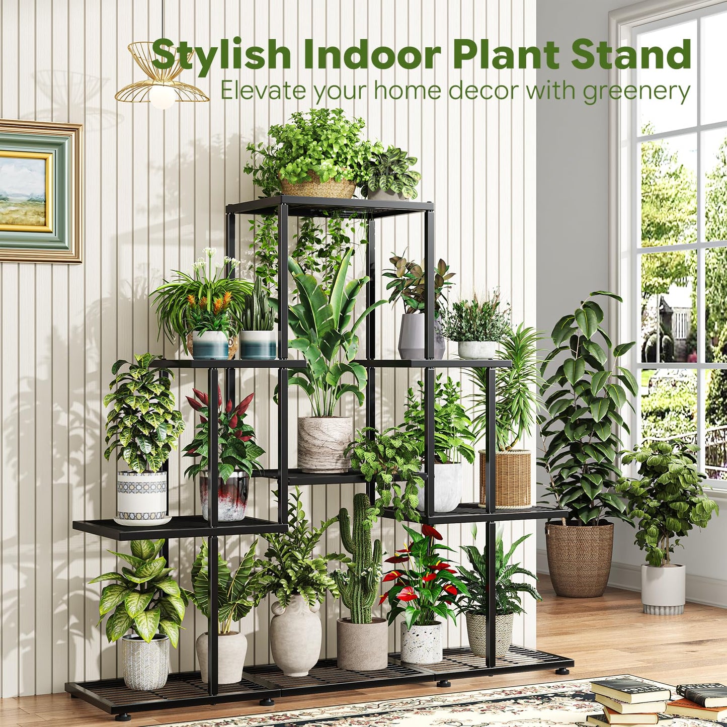 Ekisemio 5 Tier Metal Plant Stand - Heavy Duty Tall Flower Pot Holder Rack for Indoor Outdoor, Corner Display Shelf for Patio Balcony Living Room, Black