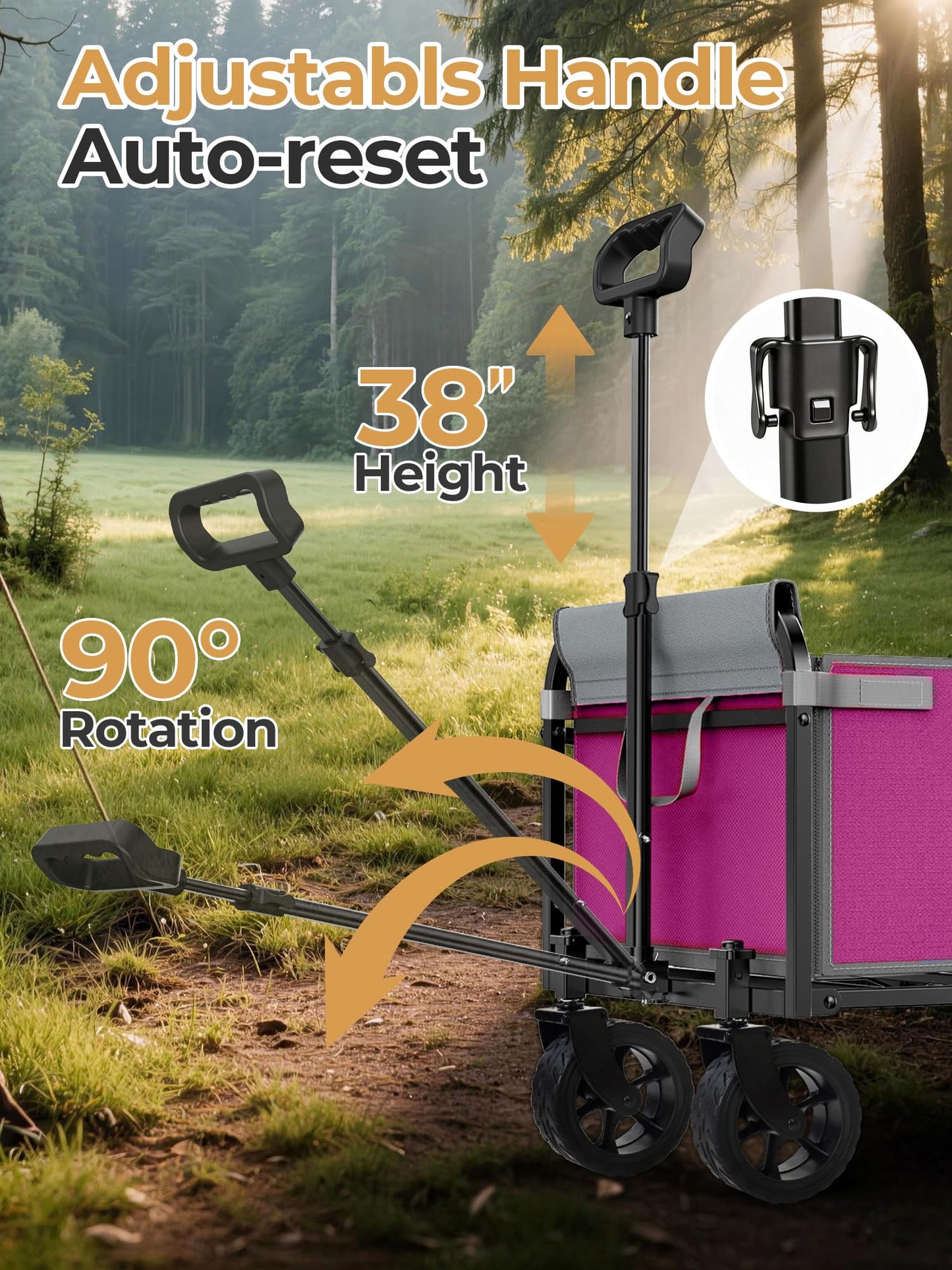 Aimnny Pink Folding Wagon Cart with Wide Wheels, Lightweight & Portable, Easy Fold & Removable Side Utility Wagon for Groceries, Gardening, Camping, Pet Use