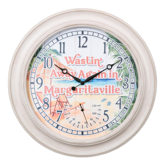 La Crosse Clock 433-3267MVT 26.2" Indoor/Outdoor Whitewashed Analog Quartz Clock with Temp and Humidity