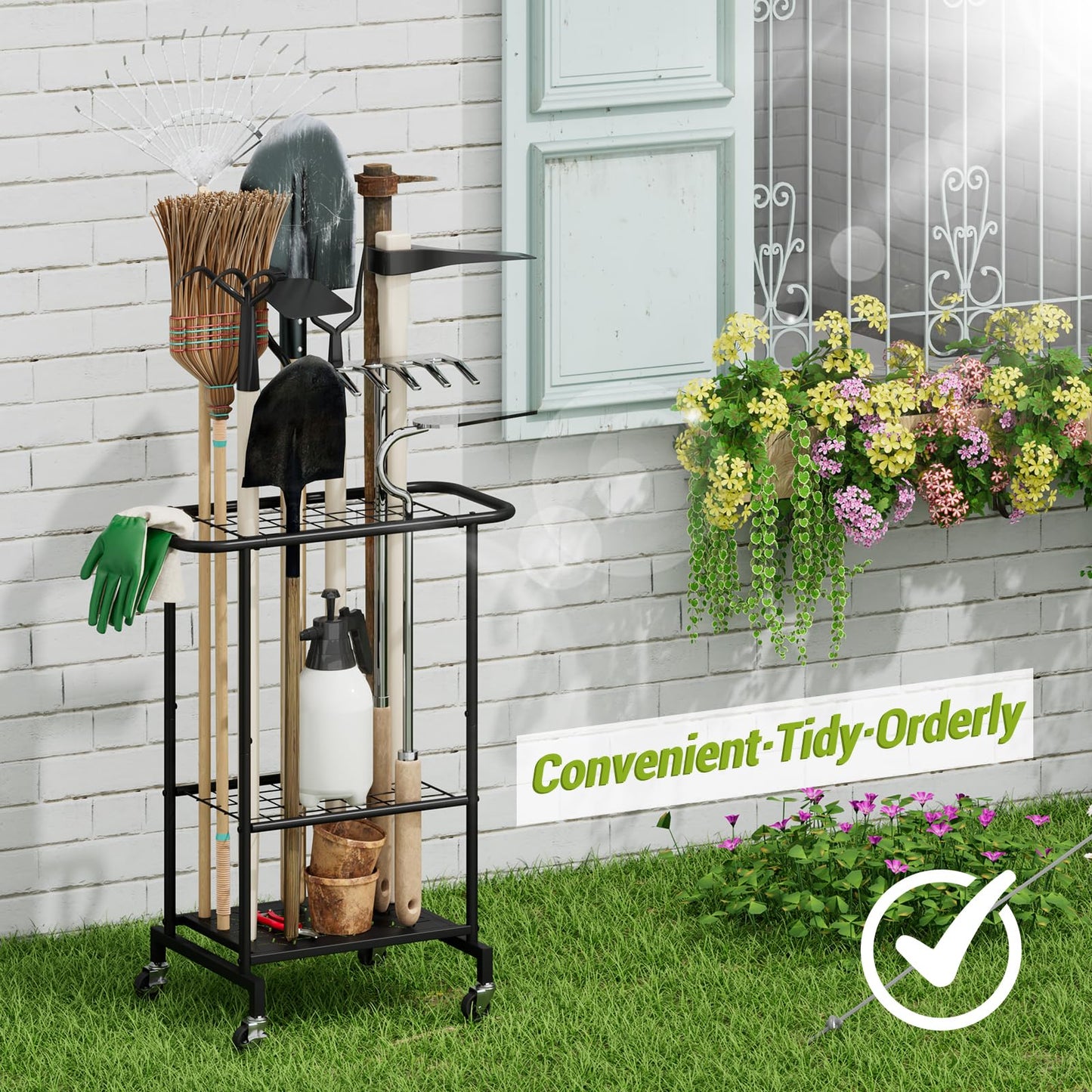 3-Tier Garden Tool Organizer with Wheels, Garage Floor Rolling Storage Cart on Wheels Heavy Duty Metal Rolling Storage Cart, Yard Tool Tower Rack for Garage, Patio, Shed, Indoor Outdoor