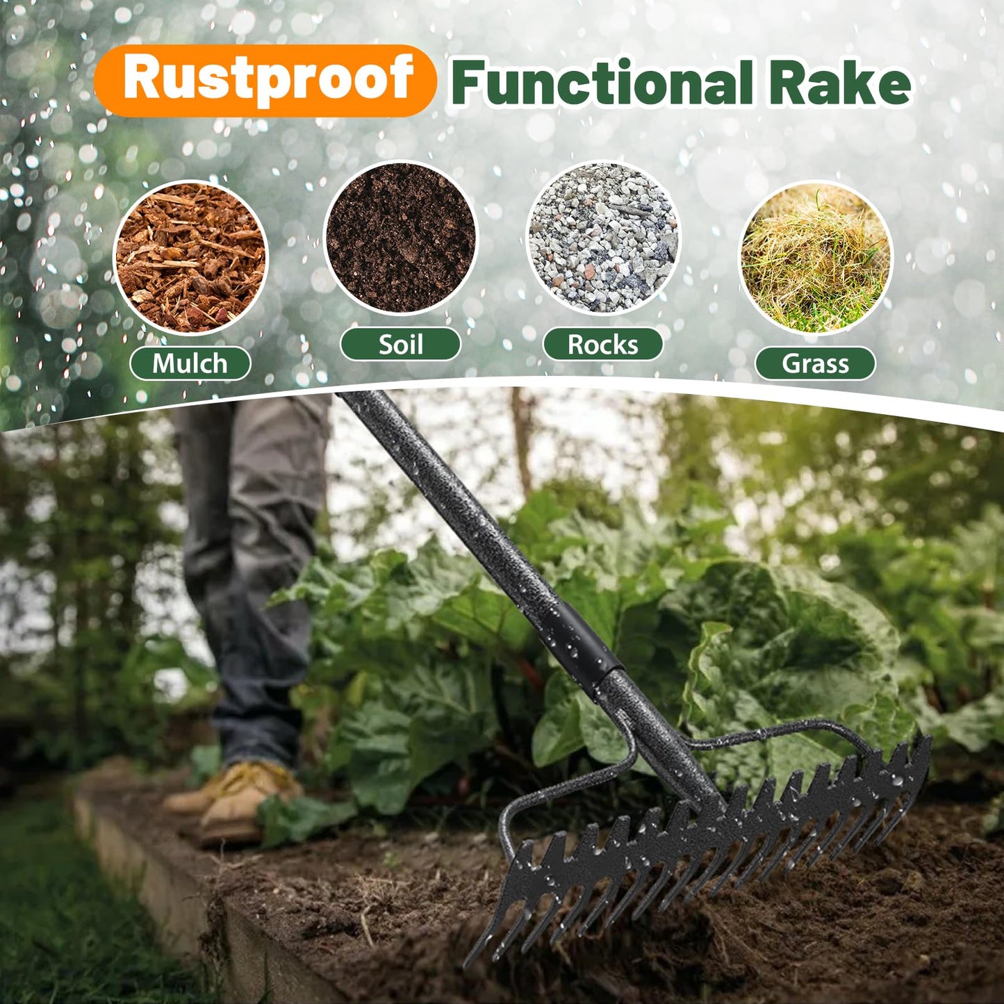Garden Rake, 63 Inch Long Handle with 17 Tongs, Heavy Duty Metal Bow Rake for Loosening Leveling Soil, Garden Leaf Rake for Raking Leaves Grass , Weeding, Metal Yard Thatch Lawn Care Garden Tool