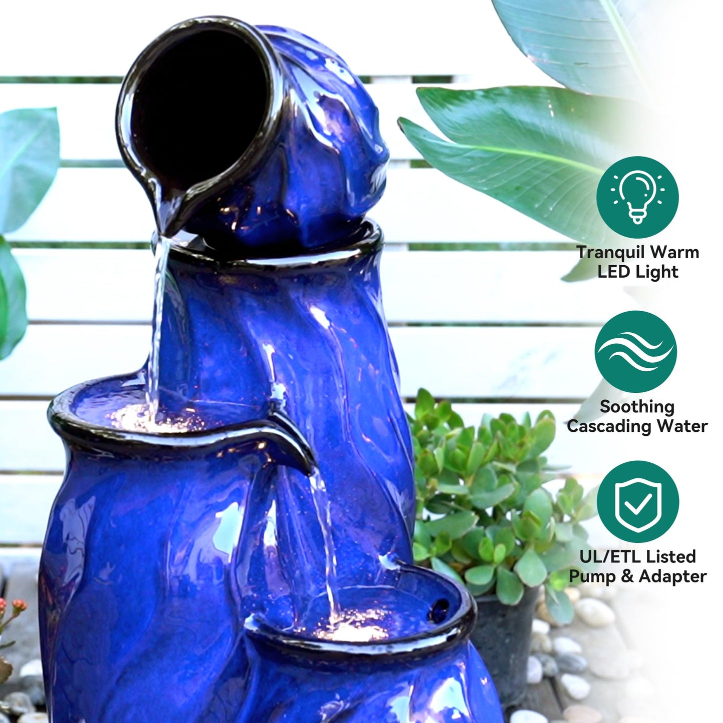 Ultym 29" Tall Ceramic Water Fountain Outdoor with LED Lights, 4-Tier Cascading Waterfall Garden Fountain, Ideal for Serene Relaxing Patio, Yard or Porch, Cobalt Blue Glaze, Dynamic Wave-Texture