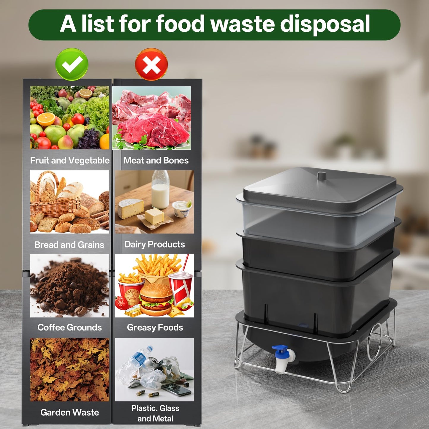 HCGADON 3-Tray 15L Worm Farm Composting Bin with Tool Set - Efficient Indoor/Outdoor Composter for Organic Waste Recycling, Beginner-Friendly Kit for Healthier Plants (Black)