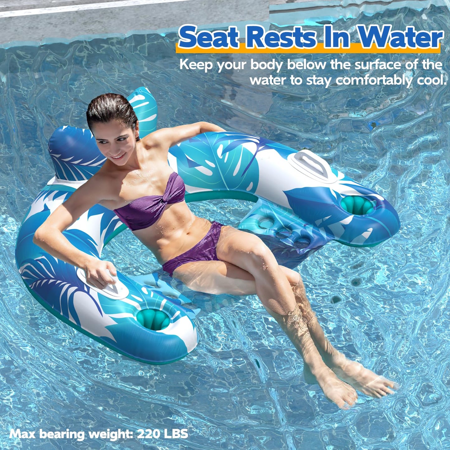 KEUCL Pool Floats, 3 Pack Inflatable Pool Float Chairs with Cupholders & Handles, Pool Floats Adult & Kids Perfect for Pool Lake & Rivers, Pool Toys Party, Relaxing Inflatable Chair for Swimming Pool