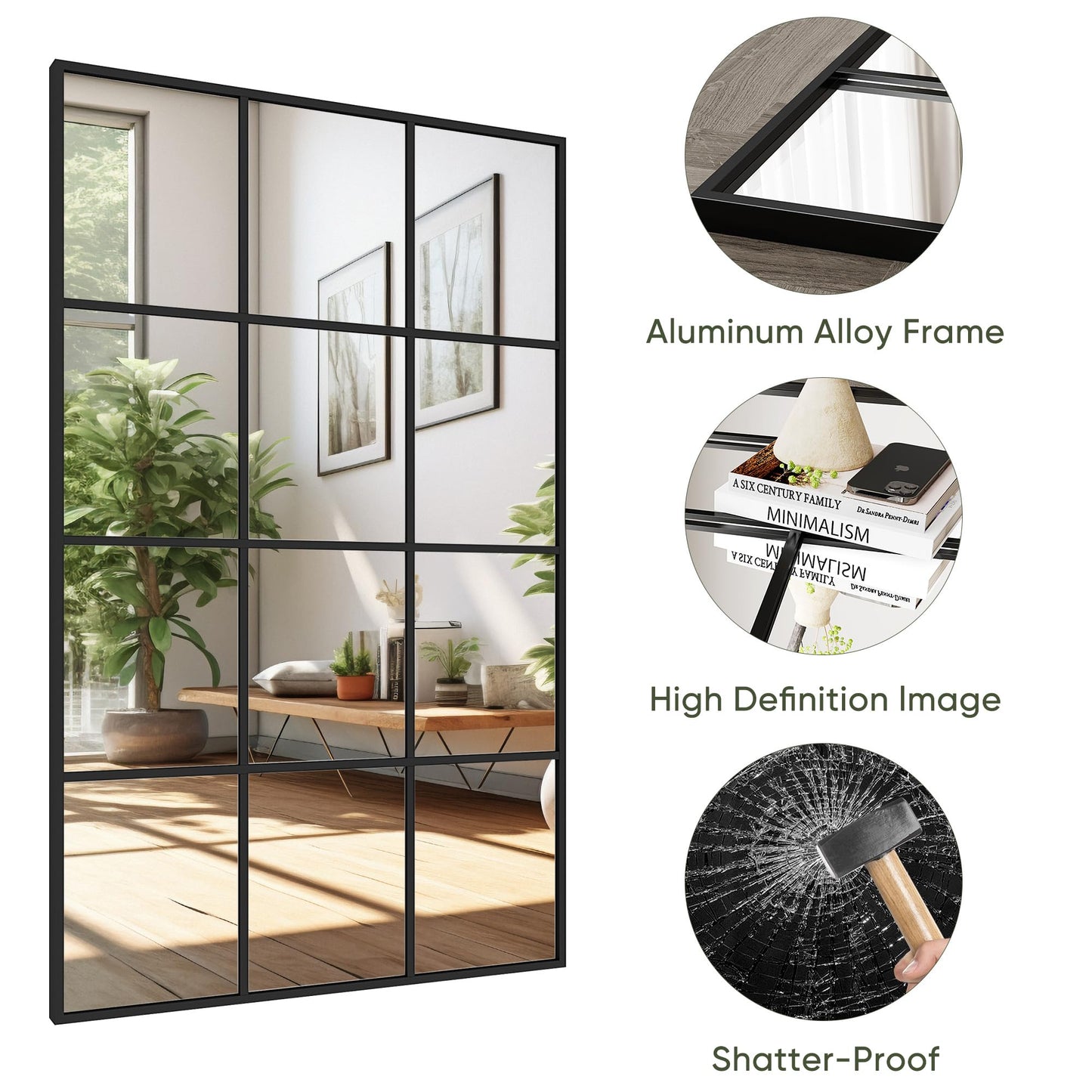 Suidia Wall Mirror, 30" x 48" Window Decorative Mirrors, Metal Framed Wall Decor Wall-Mounted Mirrors for Bedroom, Living Room, Entryway, Black