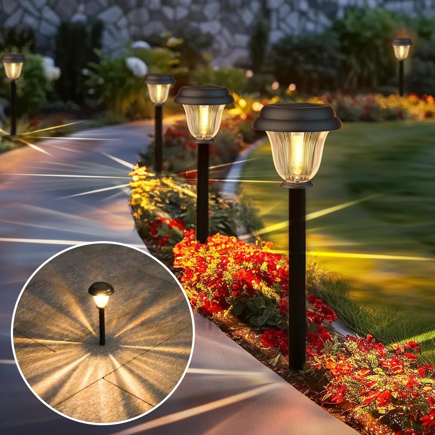 DERAYSION 8 Pack Solar Lights Outdoor, Stainless Steel Glass Solar Pathway Lights, Auto On/Off Long-Lasting Waterproof Garden Lights for Landscape, Path, Yard, Driveway, Walkway Decor (Warm White)