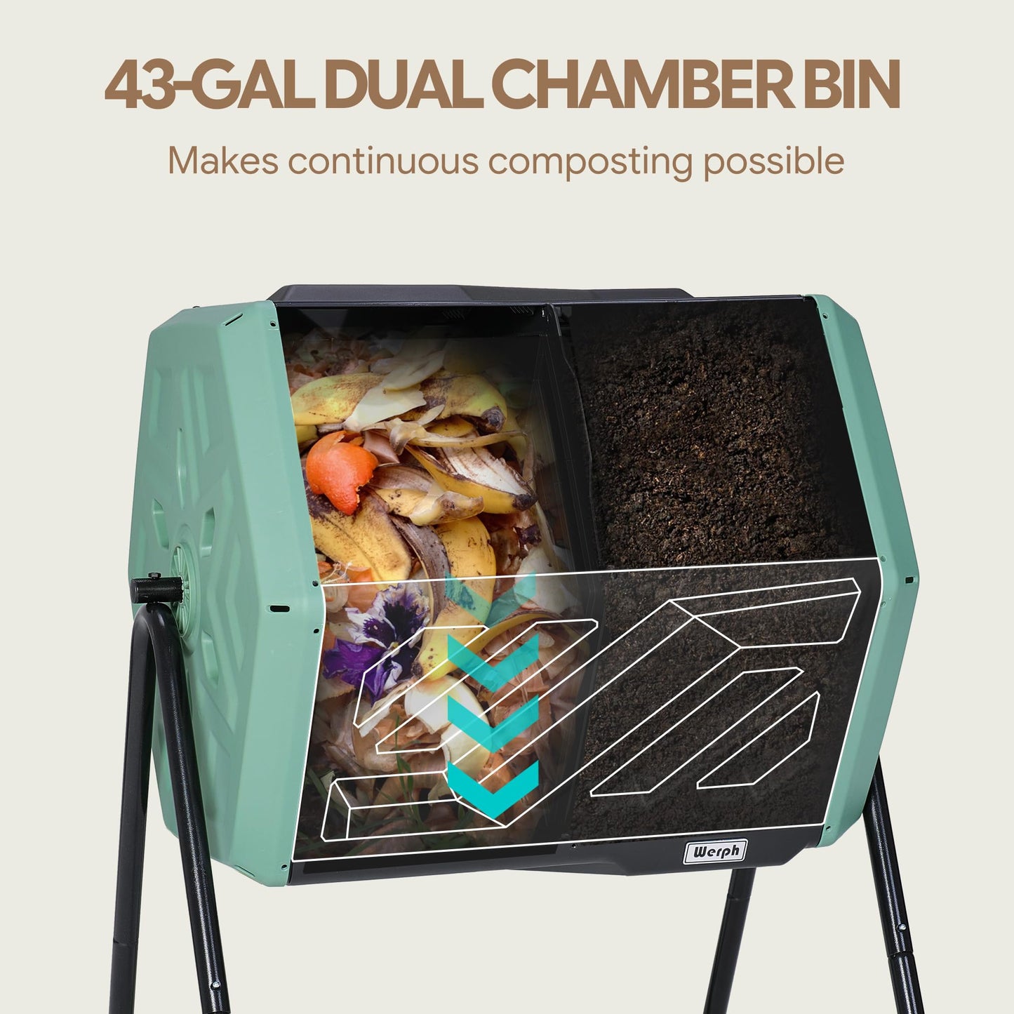 Werph Updated 43 Gallon Dual-Chamber Compost Bin, Fast Assembly Rotating Outdoor Compost Tumbler, Batch Composter with Gloves for Garden, Kitchen, and Yard Waste, Green & Black