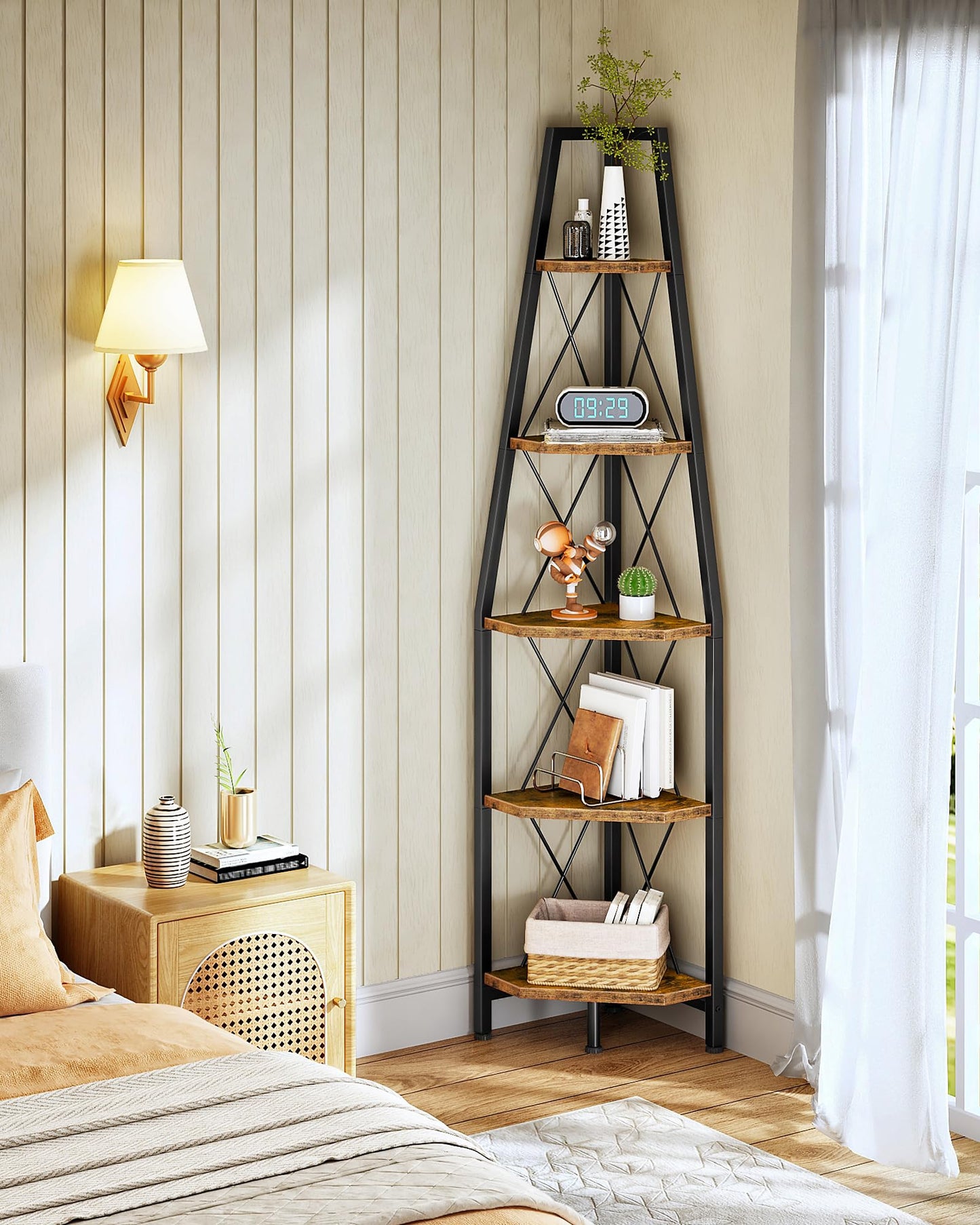 CHOEZON 5-Tier Corner Shelf, Corner Bookshelf, Ladder Shelf, Floor Standing Storage Rack, Open Display Stand, Plant Stand, for Living Room, Bedroom, Study, Bathroom, Rustic Brown and Black TCJ22BF