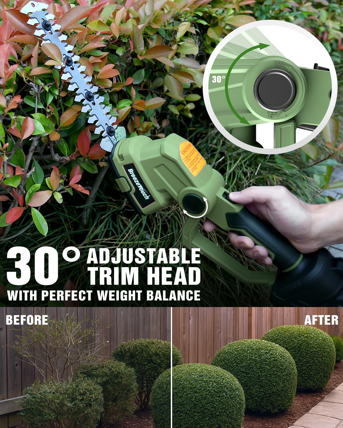 Breeze Touch 21V Hedge Trimmer Cordless with Battery and Charger, 2-in-1 Bush Trimmer Cordless & Grass Shear, Handheld Electric Hedge Trimmers with 4.5"/8.5" Blades for Garden & Lawn