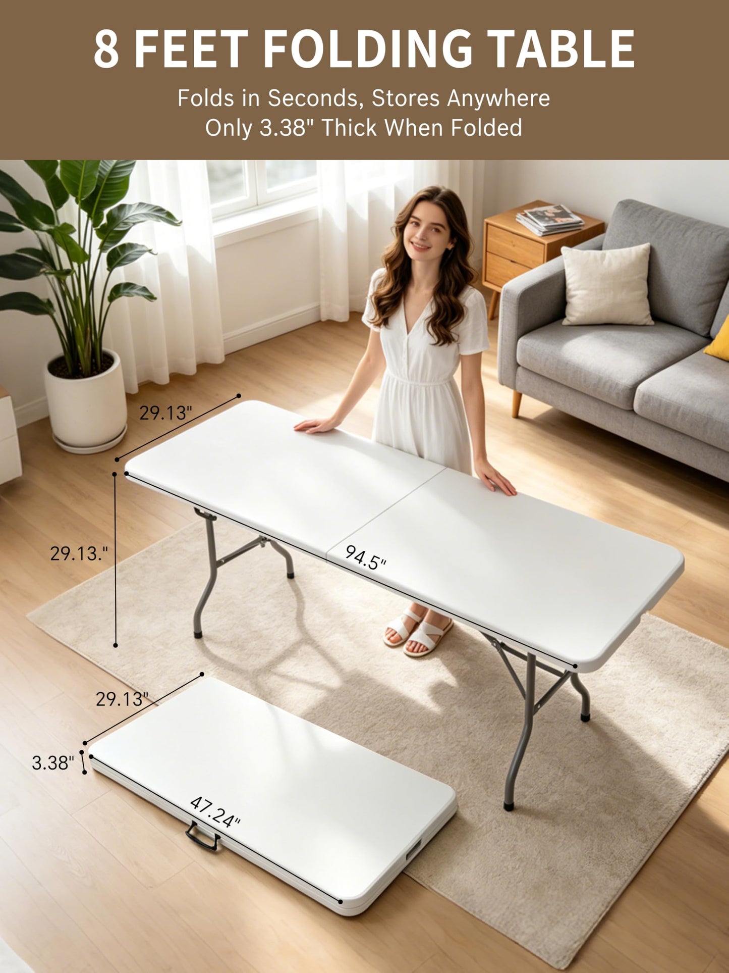 CHRONELLE 8 Foot Folding Table Portable, 8FT Folding Dining Table for Indoor Outdoor, Heavy Duty Fold-in-Half Plastic Long Large Rectangular Utility Card Tables for Picnic Camping Party, 95x29 inch