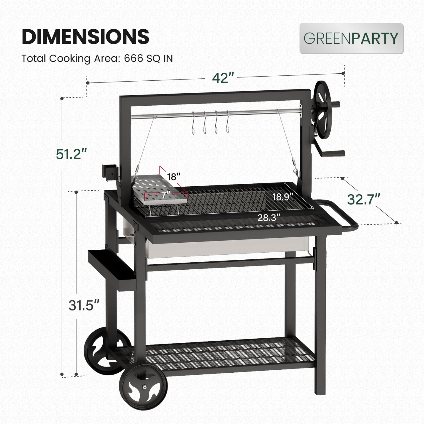 Argentine Santa Maria Grill, Wood Fire & Charcoal BBQ Grill with Adjustable Height Grates, Argentinian Open Fire Grill with S-Hooks and Foldable Front Table for Outdoor Patio Backyard Gaucho Grilling