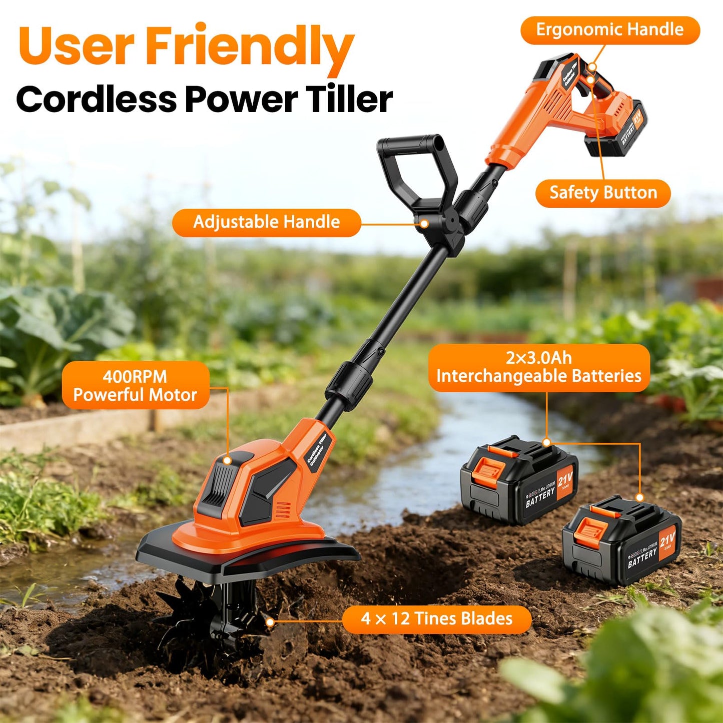 20V Cordlees Tiller Cultivator for Gardening, 400RPM Brushless Electric Garden Tiller Battery Powered((2*3.0Ah Battery&Charger), 9.5"Width 7"Depth, Garden Rototiller for Yard/Lawn/Soil Tiller (Orange)