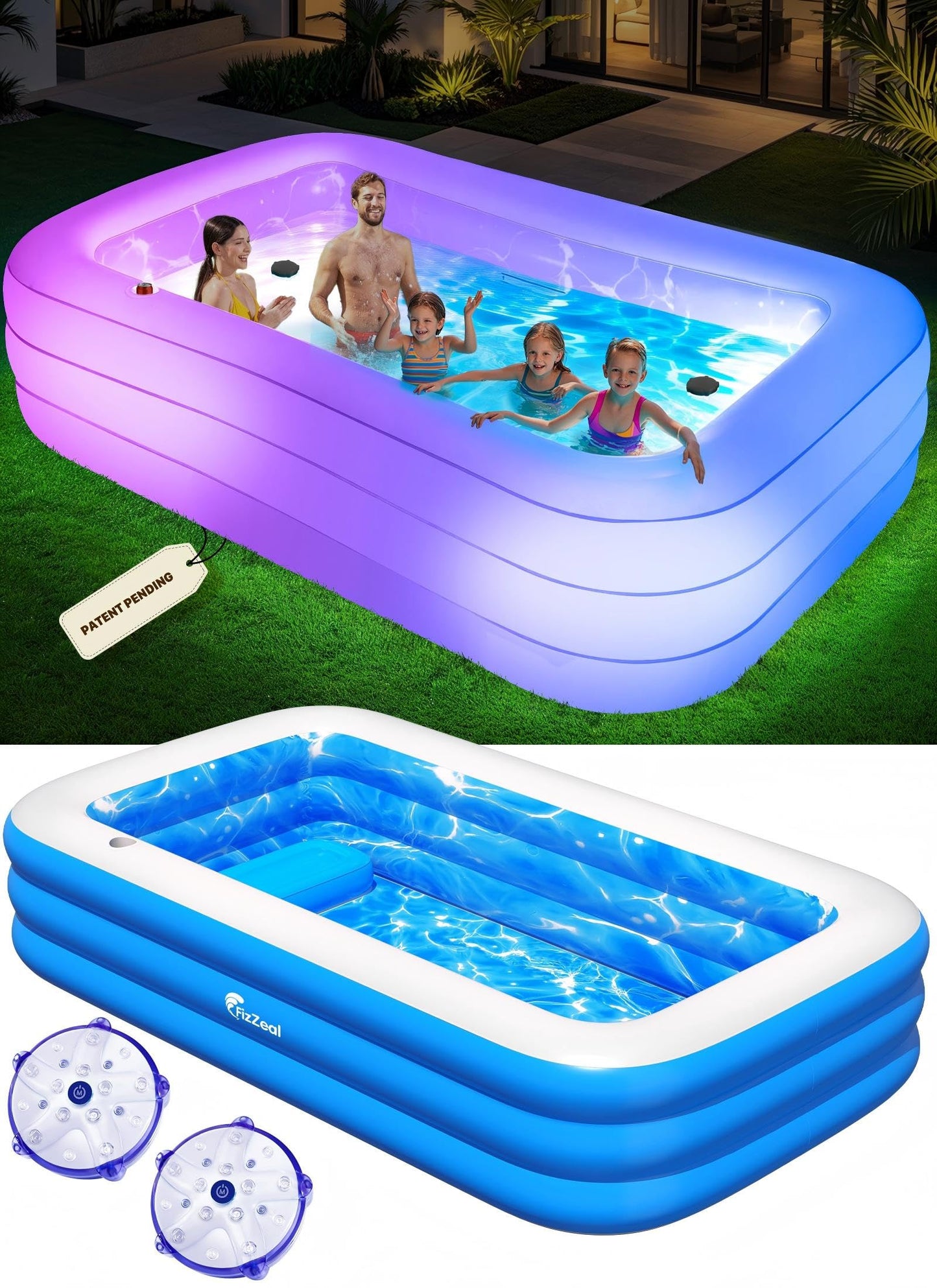 Inflatable Pool with Pool Lights and Seat, Durable Thickened Large Size Family Inflatable Pools for Adults Blow Up Pools,110" x 63" x 20"Swimming Inflatable Kids PooI for Backyard,Outdoor (White)