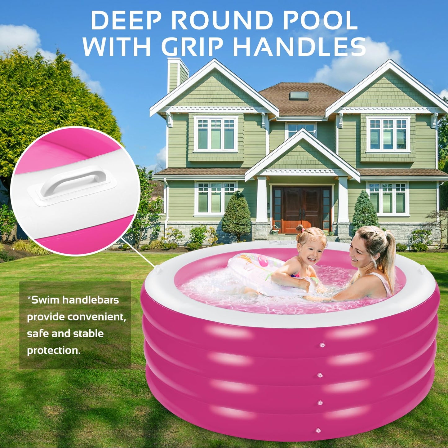 Inflatable Pool, Large Deep Round 70"x30" Family Inflatable Swimming Pool with Handles, Summer Water Party, Outdoor, Garden Backyard, Suitable for Adults (Pink)