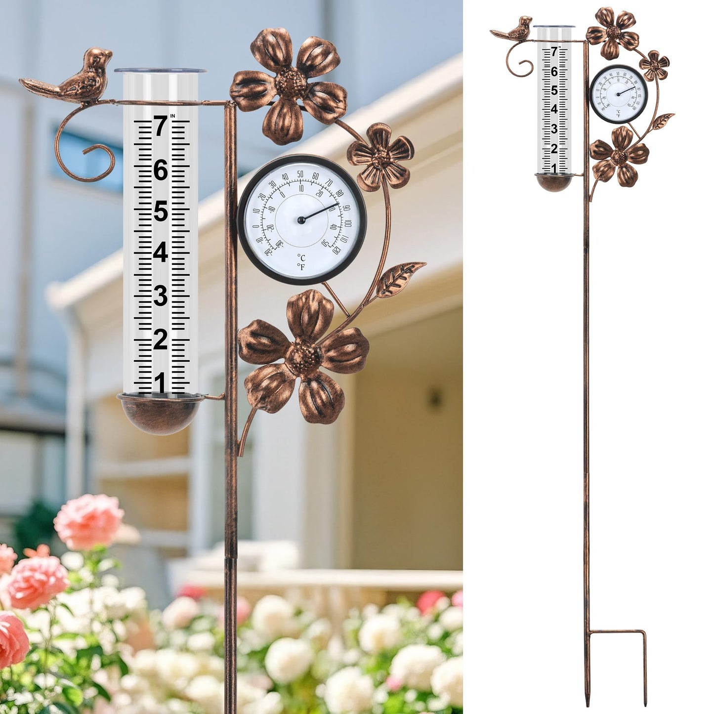 shumi Rain Gauge Outdoor with Thermometer Garden Decor, Bird and Flower Decorative Outdoor Rain Gauges for Yard Patio Lawn, Gardening Gifts for Women