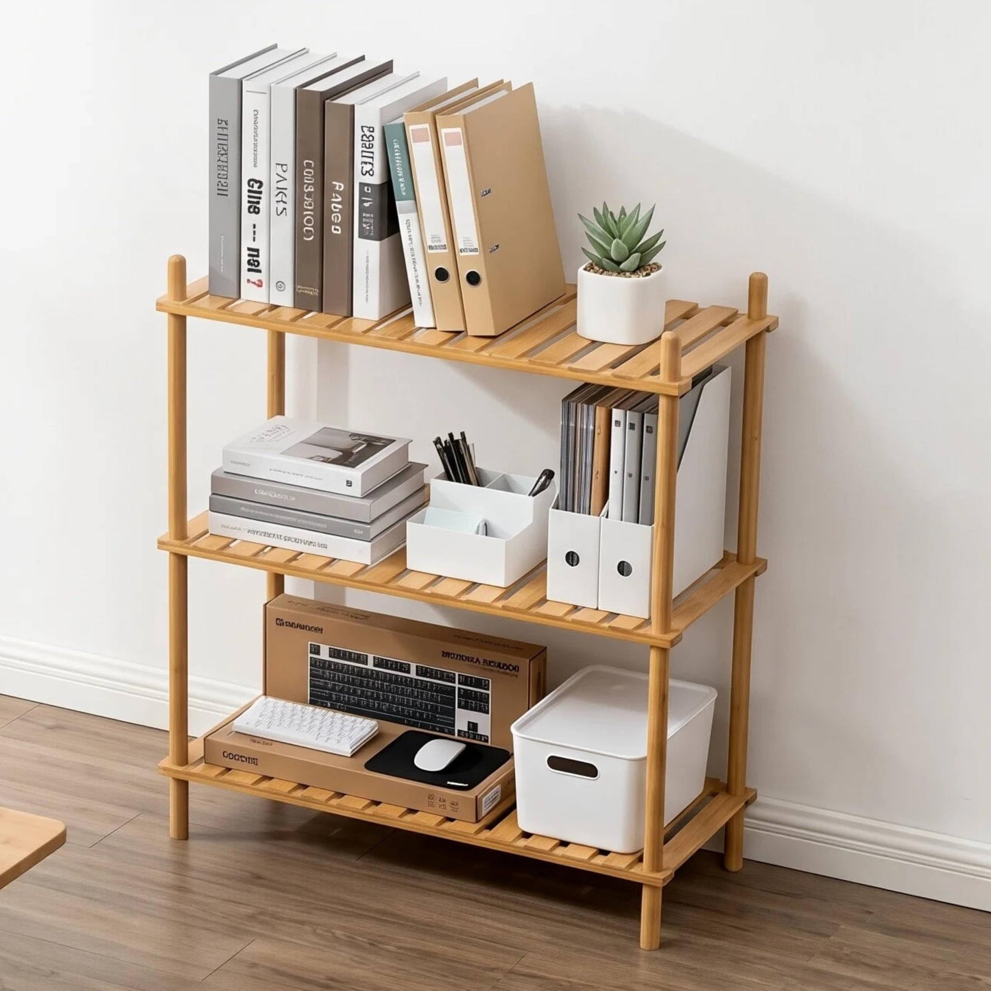 GOGOGO 3-Tier Expandable Bamboo Bookshelf - 150LBS Heavy-Duty, Tool-Free Assembly, Multifunctional Storage for Bathroom/Kitchen/Office Holder Plant Flower Stand (Natural, 3-Tier 12.8" D)