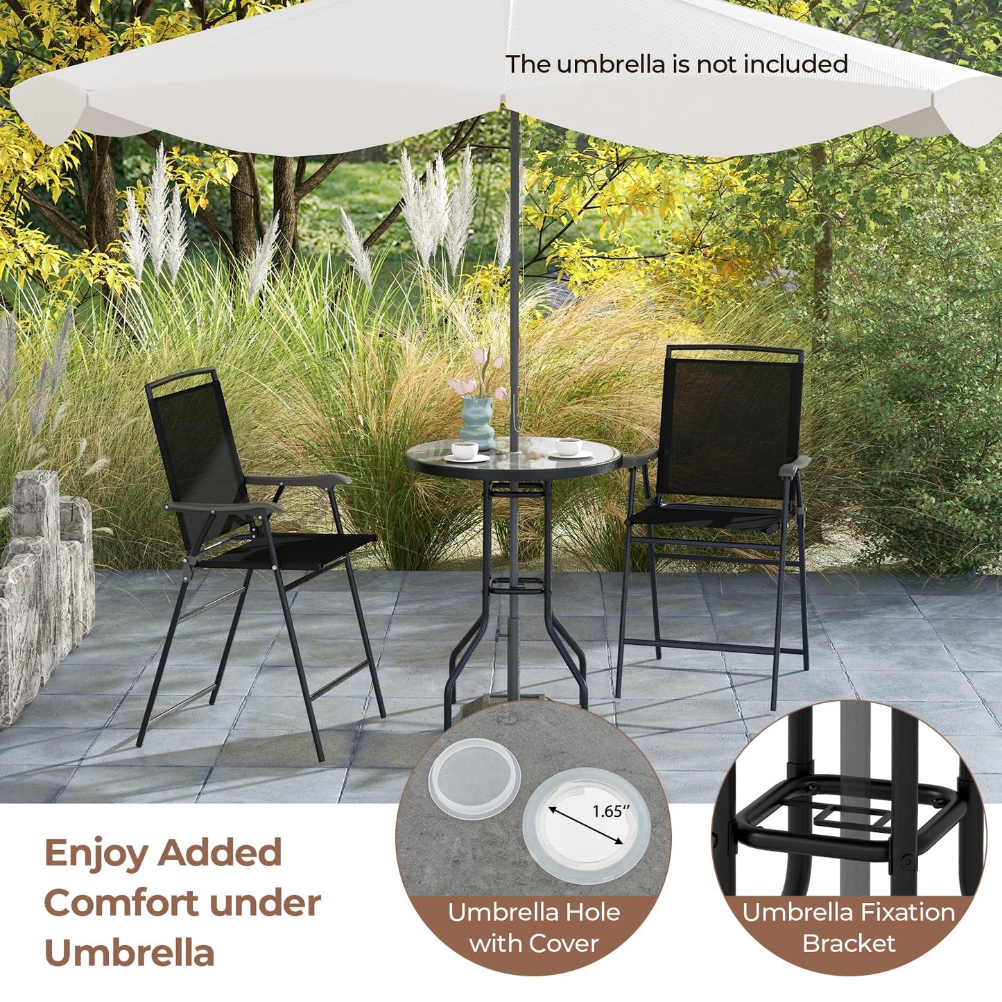 Tangkula 3-Piece Outdoor Bar Set, Counter Height Patio Bistro Furniture Set with DPC Tabletop & Umbrella Hole, Metal Frame Patio Bar Table with 2 Folding Chairs for Poolside, Backyard, Porch, Black